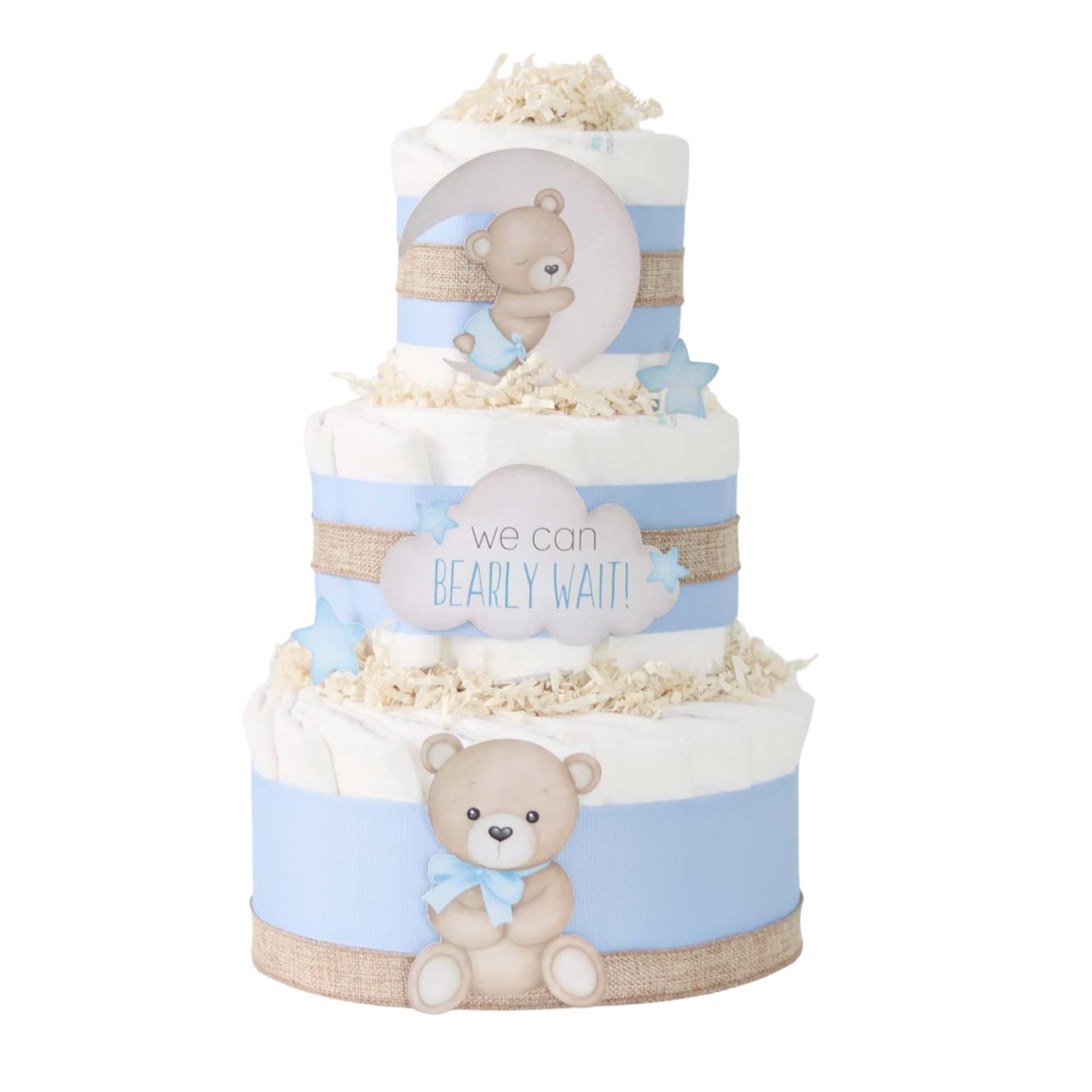 Blue Teddy Bear Diaper Cake - Adorable Baby Shower Centerpiece & Newborn Boy Gift (Moon & Stars Theme) - Perfect for Gender Reveal Parties, Nursery Decor & 1st Birthday Celebrations