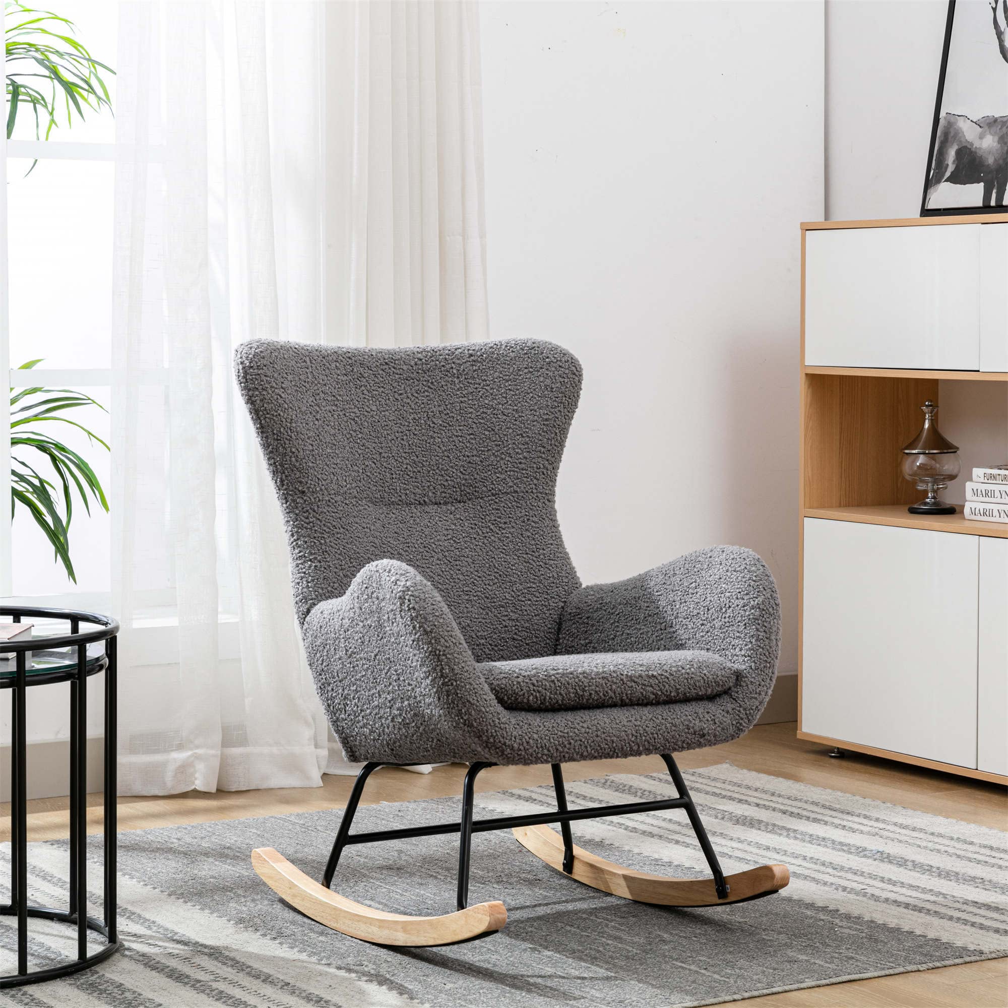 Comfy Gray Teddy Fabric Rocking Chair with High Backrest & Armrests - Padded Seat Living Room Armchair for Bedroom, Nursery, Playroom | Perfect for Relaxing, Nursing & Reading