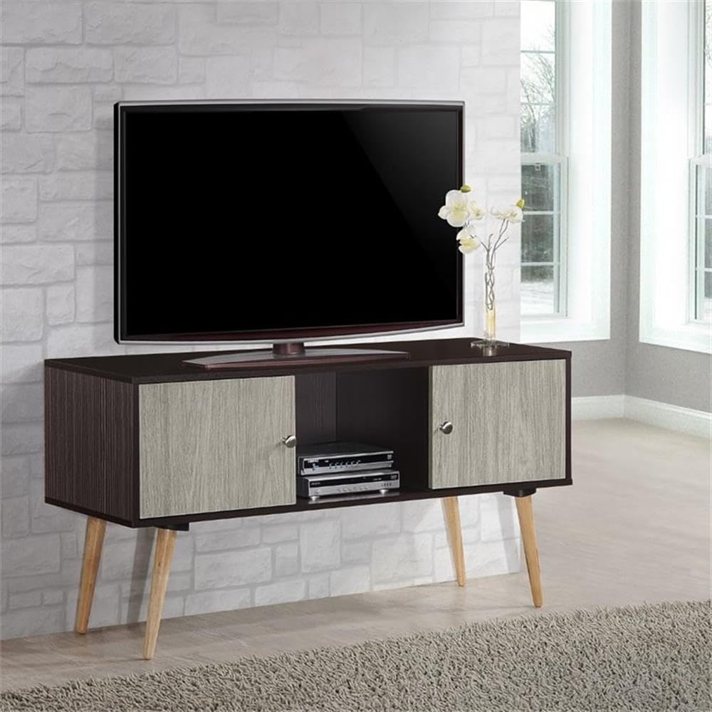 Hodedah Retro Style TV Stand with 2 Storage Doors & Solid Wood Legs - Chocolate Finish for Living Room, Bedroom, or Home Theater Setup