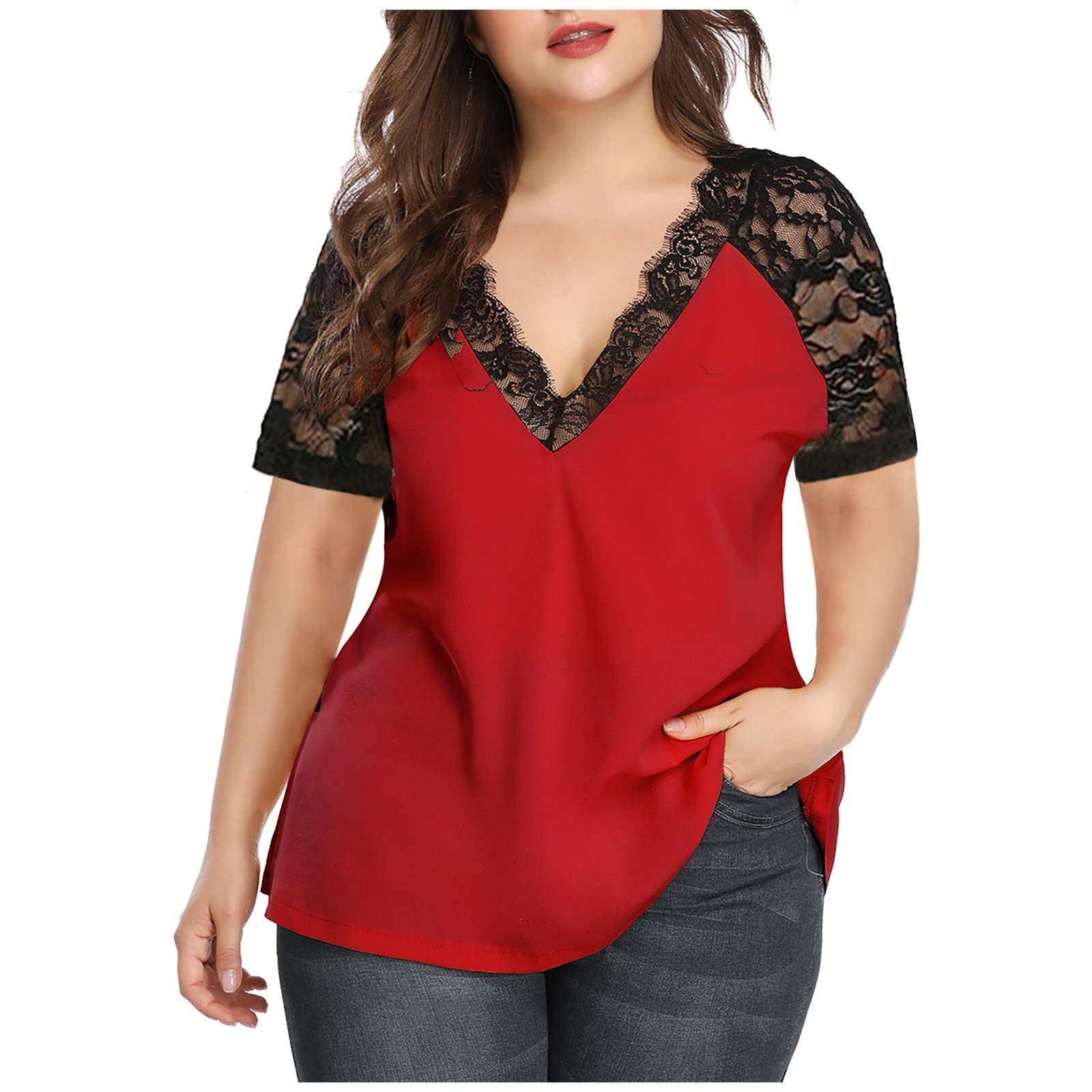 Plus Size Women's Chiffon V-Neck Lace Patchwork Short Sleeve Blouse - Casual Loose Fit Solid Color Top (Red, Large) | Perfect for Summer Outfits, Beach Wear, Office Casual & Date Nights