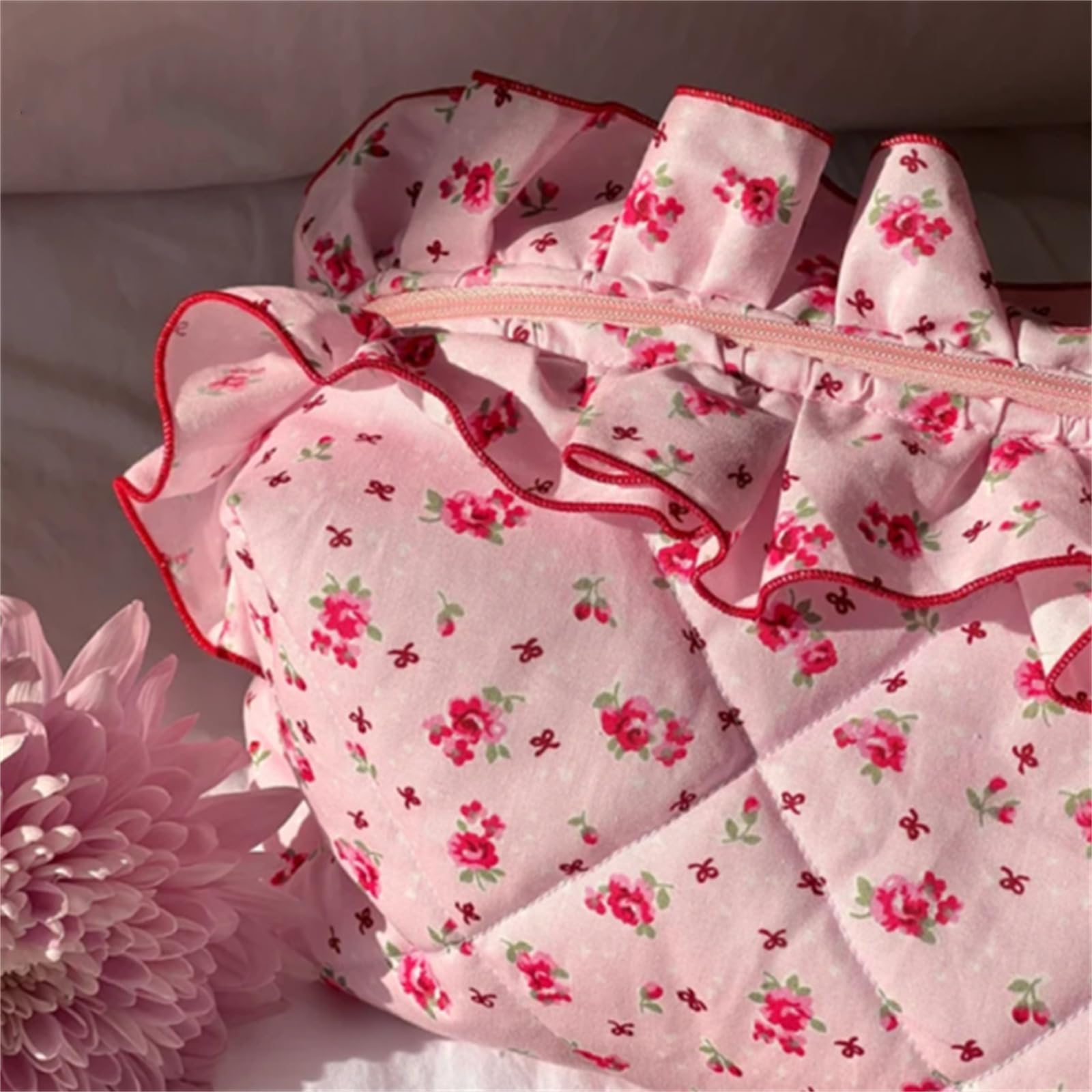 Cotton Makeup Bag Large Capacity Travel Cosmetic Pouch - Stylish Coquette Accessories for Women & Girls, Pink Floral Design - Perfect for Travel, Outdoor Camping, Hiking & Daily Use
