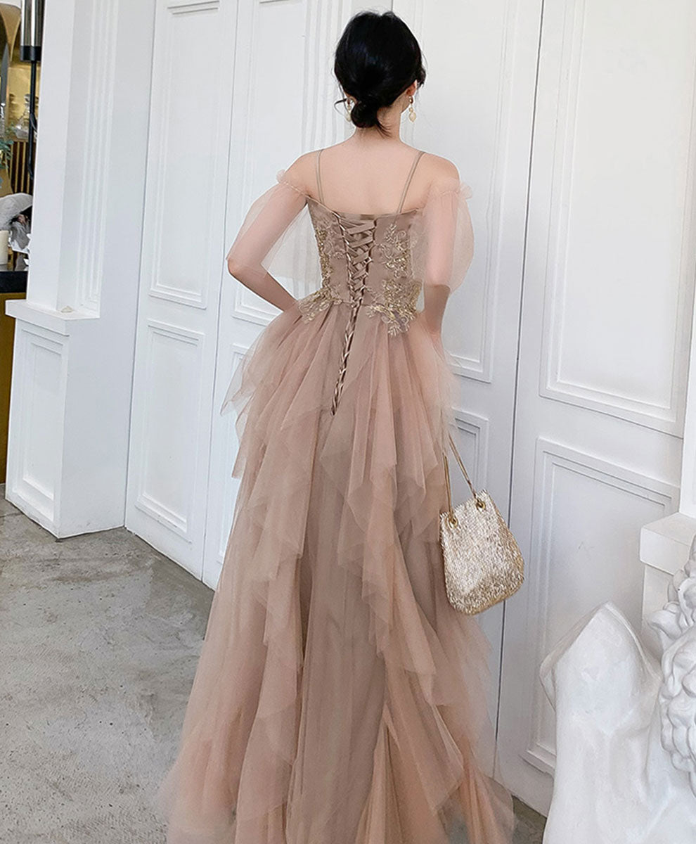 Elegant Champagne Tulle Lace Long Prom Dress with Floral Appliques - Formal Evening Gown for Homecoming, Wedding, and Special Occasions