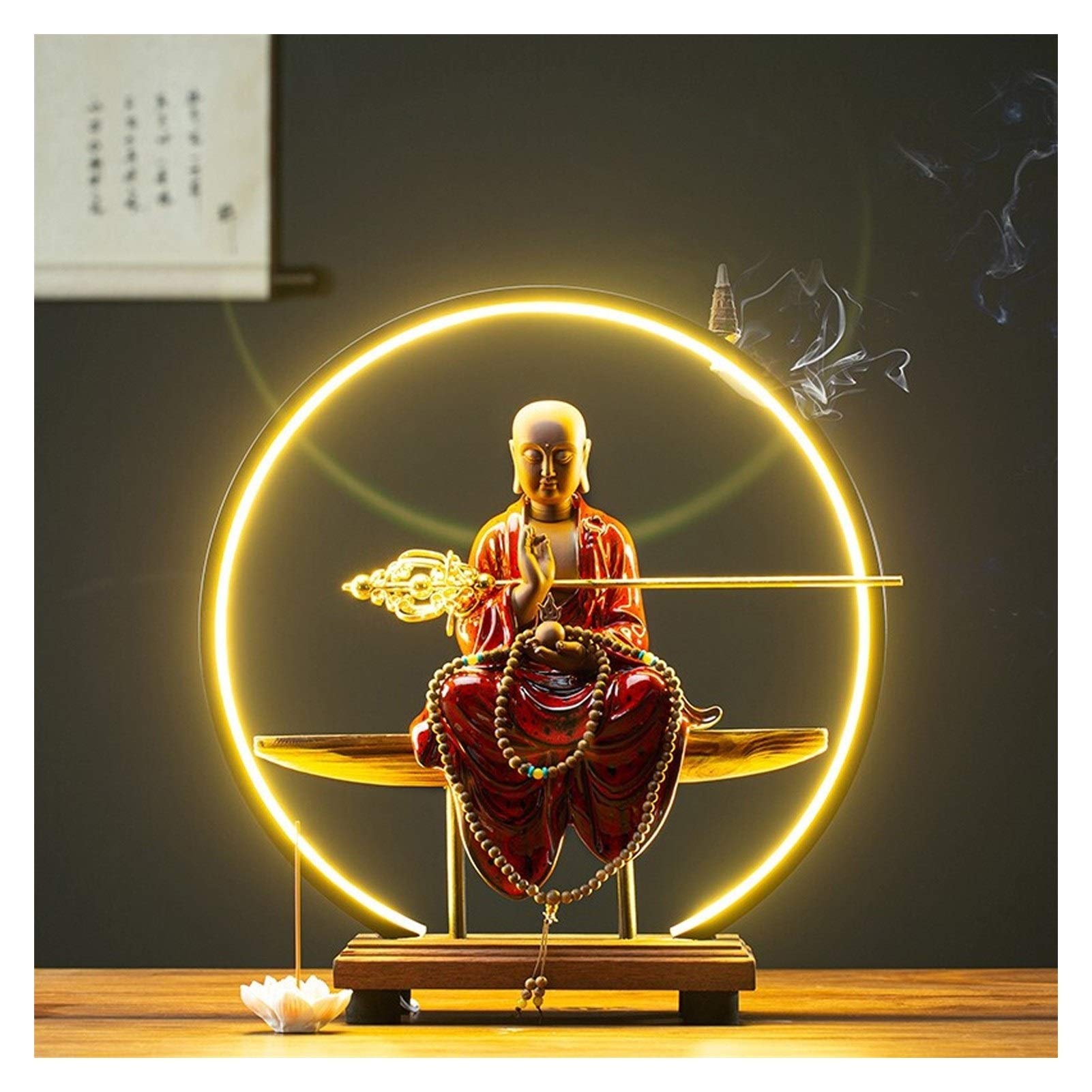 Ceramic Backflow Incense Burner with LED Light - Buddha Statue Zen Aroma Diffuser for Meditation, Yoga & Home Decor