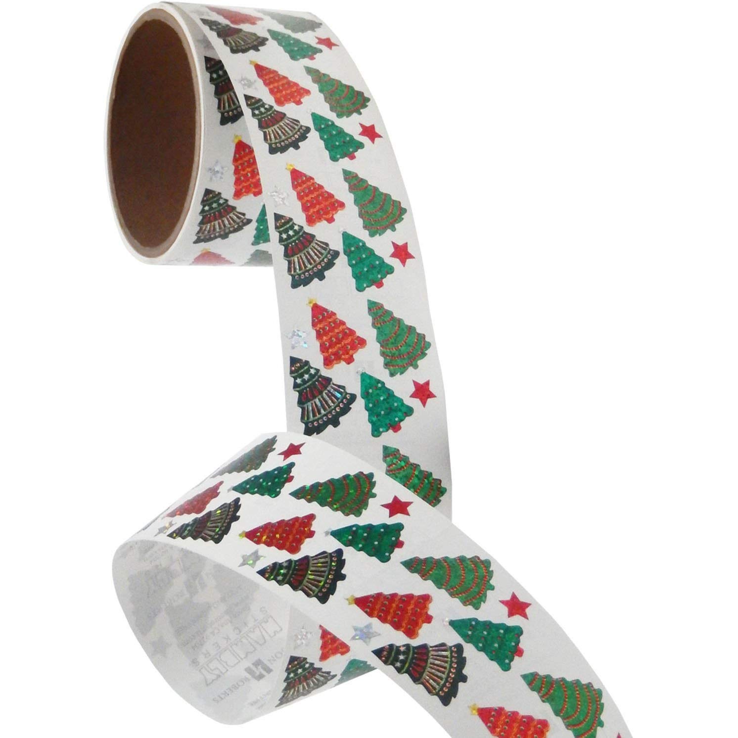 Bulk Roll Prismatic Stickers - 100 Mini Christmas Tree Repeats for DIY Crafts, Holiday Decorations & Gift Wrapping