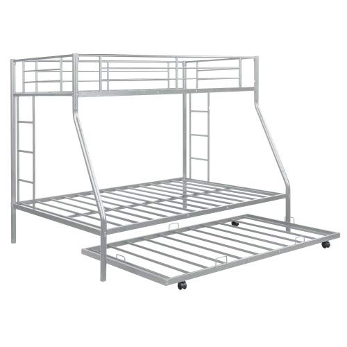 Twin Over Full Bunk Bed with Sturdy Steel Frame & Twin Trundle – 2-Side Ladders, Silver | Space-Saving Kids & Guest Bedroom Solution for Small Homes & Dorms