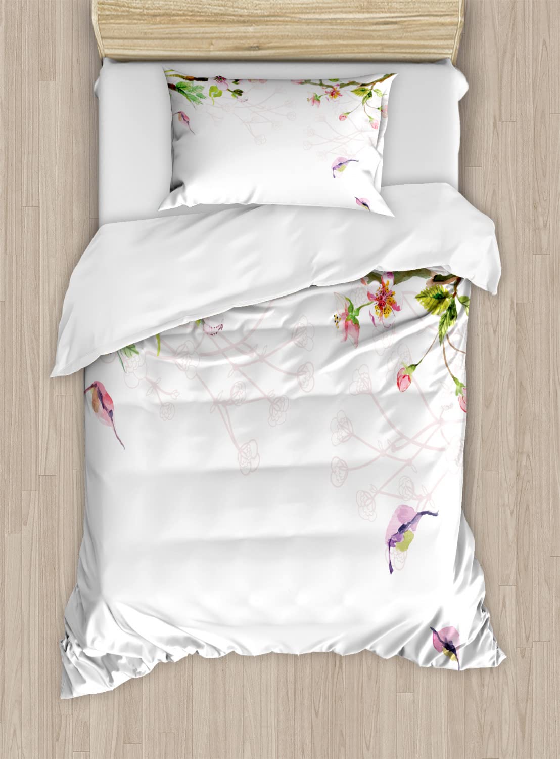 Ambesonne Watercolor Duvet Cover Set - King Size 2-Pack with 4 Pillowcases | Spring Apple Tree Bloom Design in Pale Pink & Green | Romantic Bedroom Decor for Master Bedroom, Guest Room & Dorm