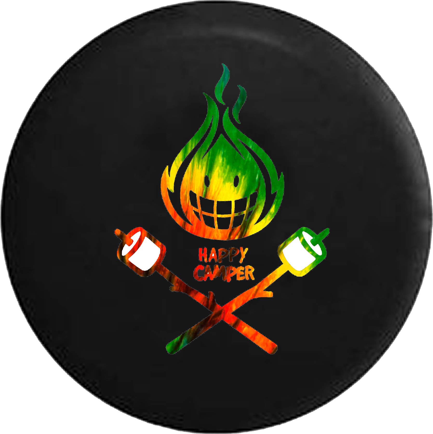 Happy Camper Tie-Dye Tire Cover with Camp Fire Marshmallows Design - 30 Inch Universal Fit for RVs, Trailers & SUVs - Waterproof & UV Resistant for Outdoor Camping & Road Trips