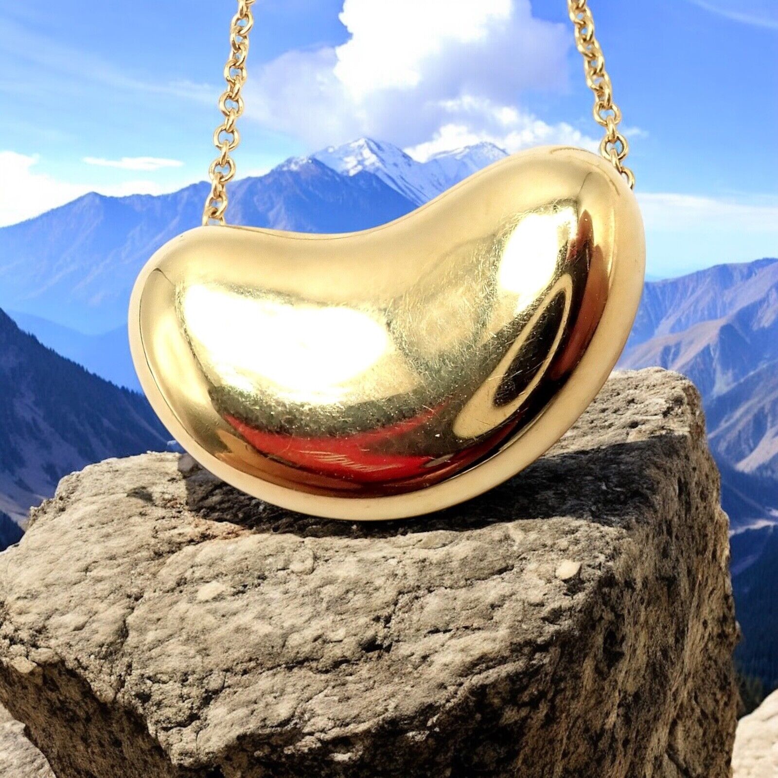 Authentic Tiffany & Co Elsa Peretti 18k Yellow Gold Medium Bean Necklace - Elegant Jewelry Gift for Women, Perfect for Weddings & Special Occasions