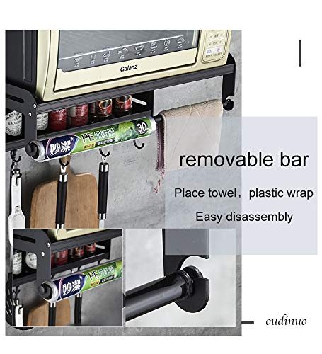 Black Aluminum Microwave Oven Wall Mount Shelf - Double Bracket with 10 Removable Hooks & Wrapper Roll Holder - Space Saving Kitchen Organizer for Christmas Decorations & Small Appliances