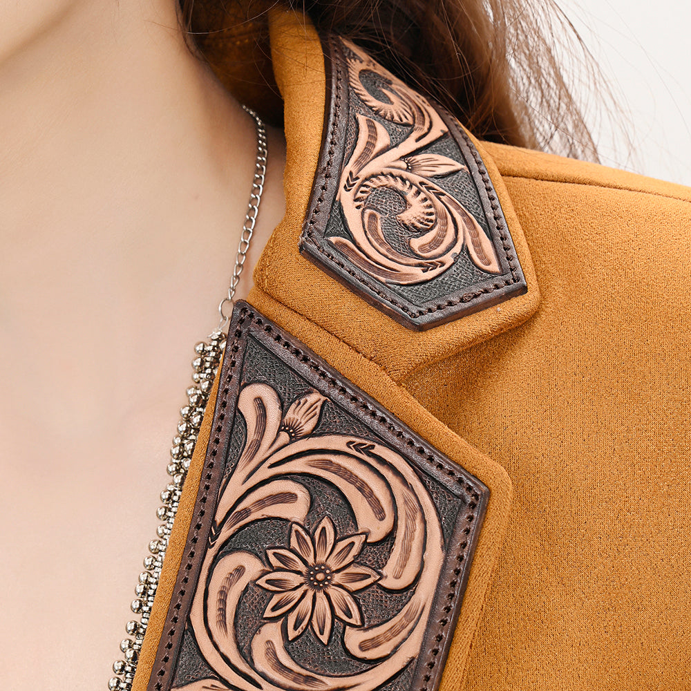 ADBZ033 Genuine Leather Hand-Tooled Blazer Jacket for Women - Hand-Carved Design, Elegant Ladies Dress Coat - Perfect for Office Wear, Business Meetings & Formal Occasions