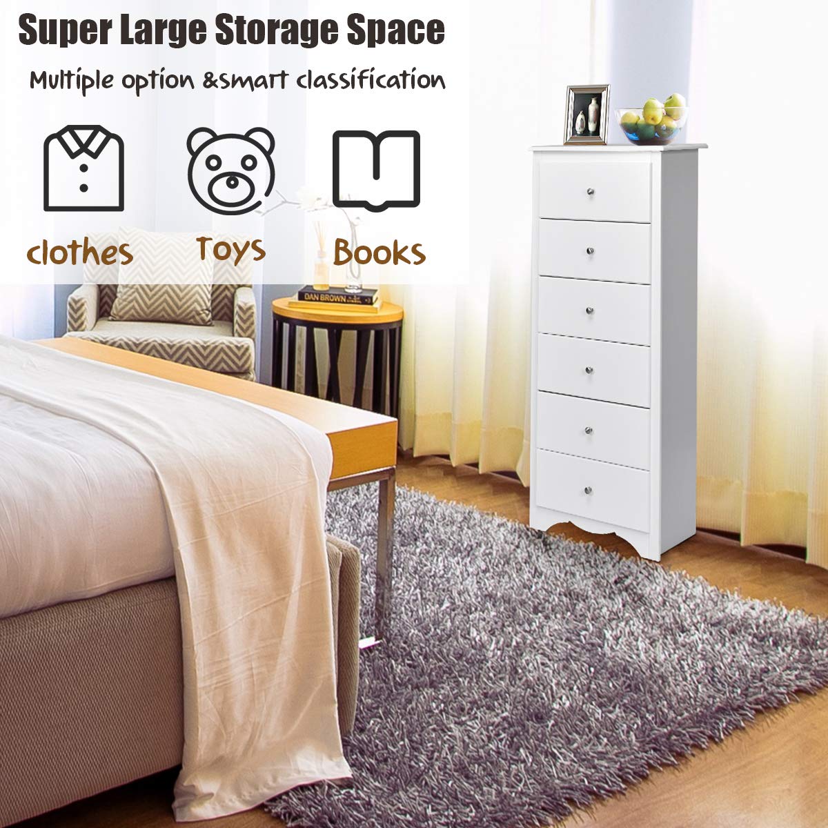 Giantex 6-Drawer Wooden Dresser - Tall Storage Cabinet for Clothes Organizer, White - Perfect for Bedroom, Hallway & Entryway Furniture - Ideal for Home Organization & Small Space Storage