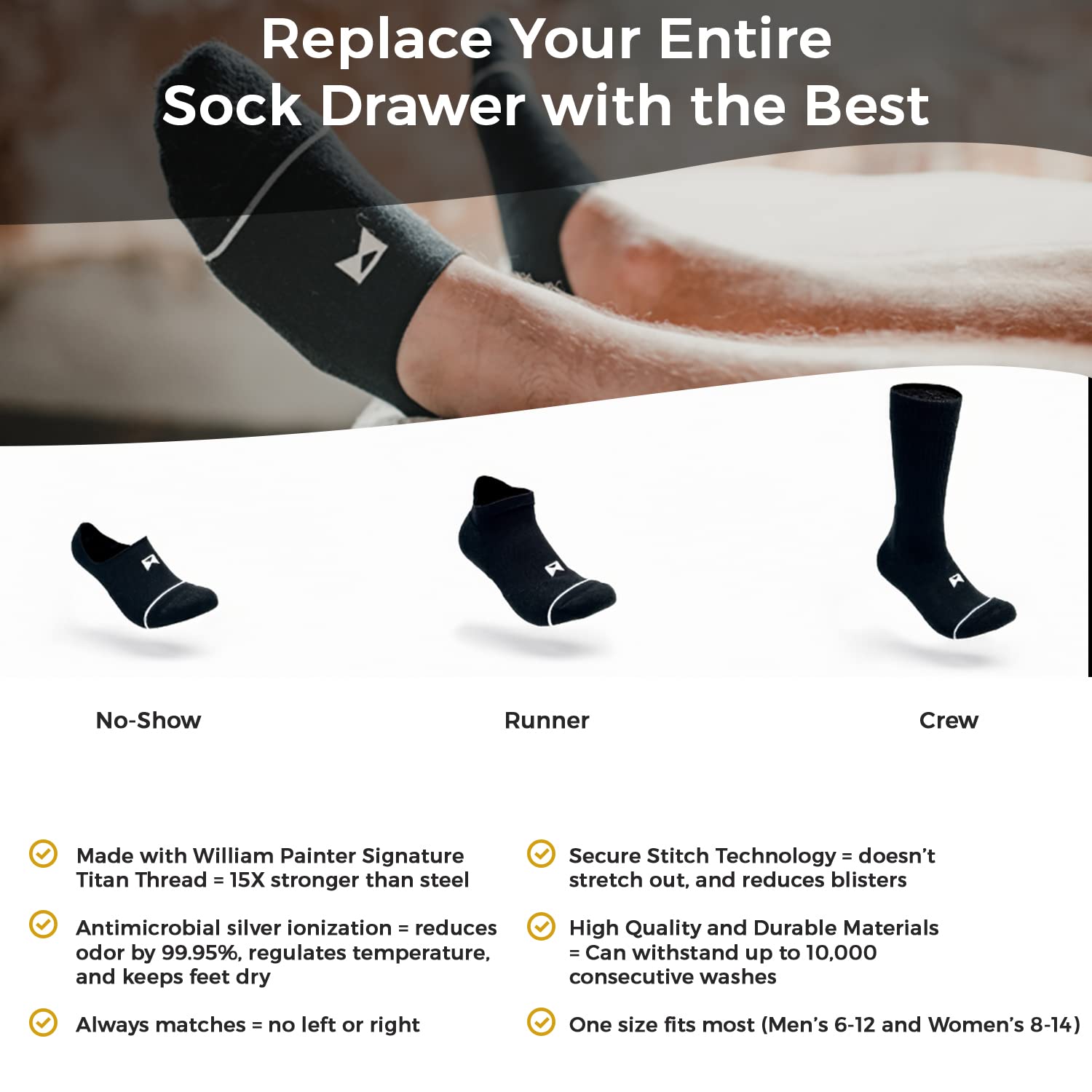 William Painter Titan No Show Socks for Men & Women - Black Anti-Slip Invisible Socks with Soft Comfort Fit - Perfect for Running, Sneakers & Everyday Wear