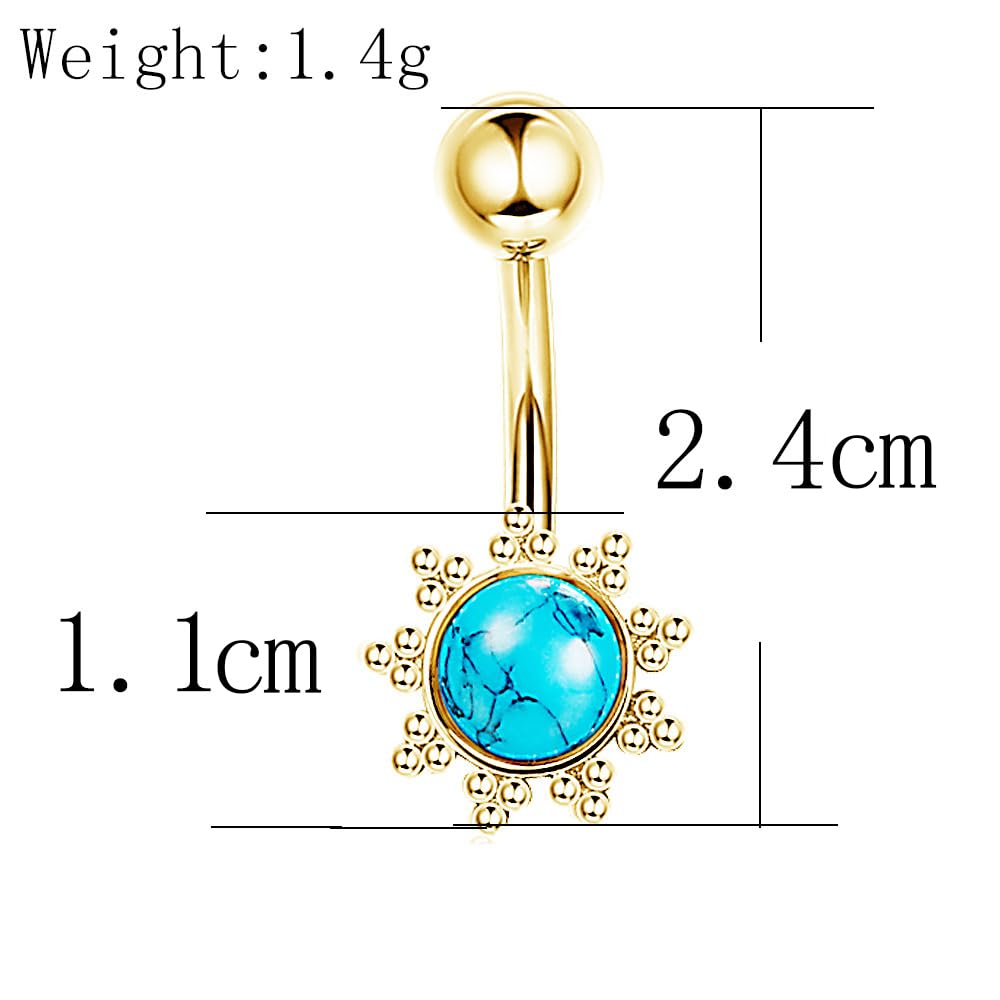 Turquoise Belly Button Ring for Women - 14K Gold Plated Boho Sunflower Navel Piercing Jewelry, Dainty Belly Ring for Summer Outfits & Beach Vacations | Flower Turquoise-Gold Belly Ring