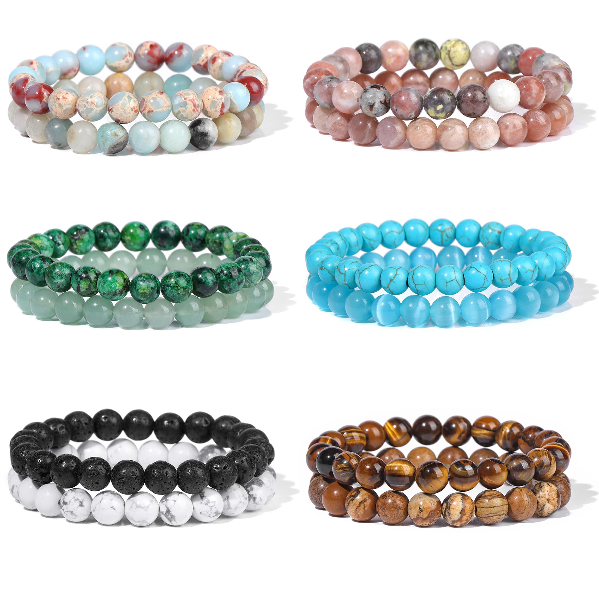WAINIS 12Pcs 8mm Semi-Precious Gemstone Beaded Bracelets for Men & Women - Handmade Stretch Crystal Stone Bracelets Stackable Unisex Jewelry - Perfect for Yoga, Meditation, Gifts & Everyday Wear