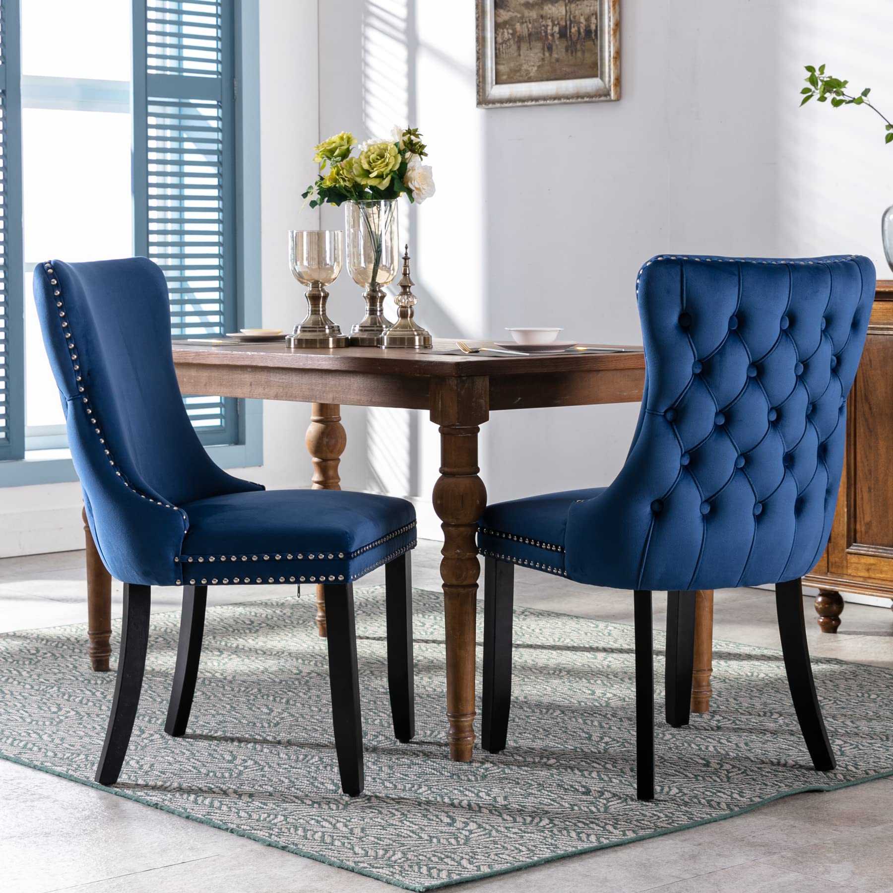 Velvet Upholstered Dining Chairs Set of 2 - Wingback Kitchen Accent Chairs with Solid Wood Legs, Nailhead Trim & Button Tufted Back - Stylish Luxury Blue Upholstery for Dining Room, Living Room & Home Decor