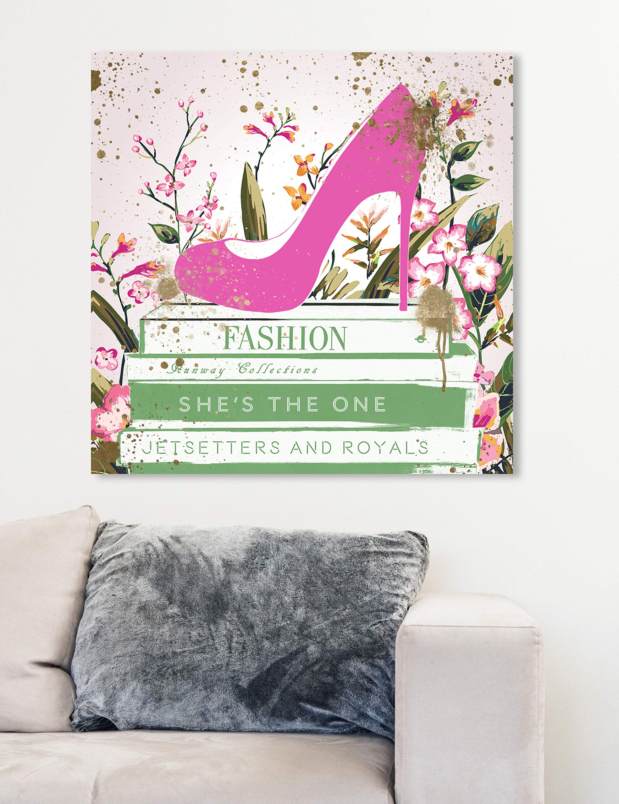 Oliver Gal Artist Co. Fashion & Glam Wall Art Canvas Print - 'Shoes and Books Spring' Home Decor 12x12 Inches - Green & Pink Abstract Painting for Living Room, Bedroom, Office Decor