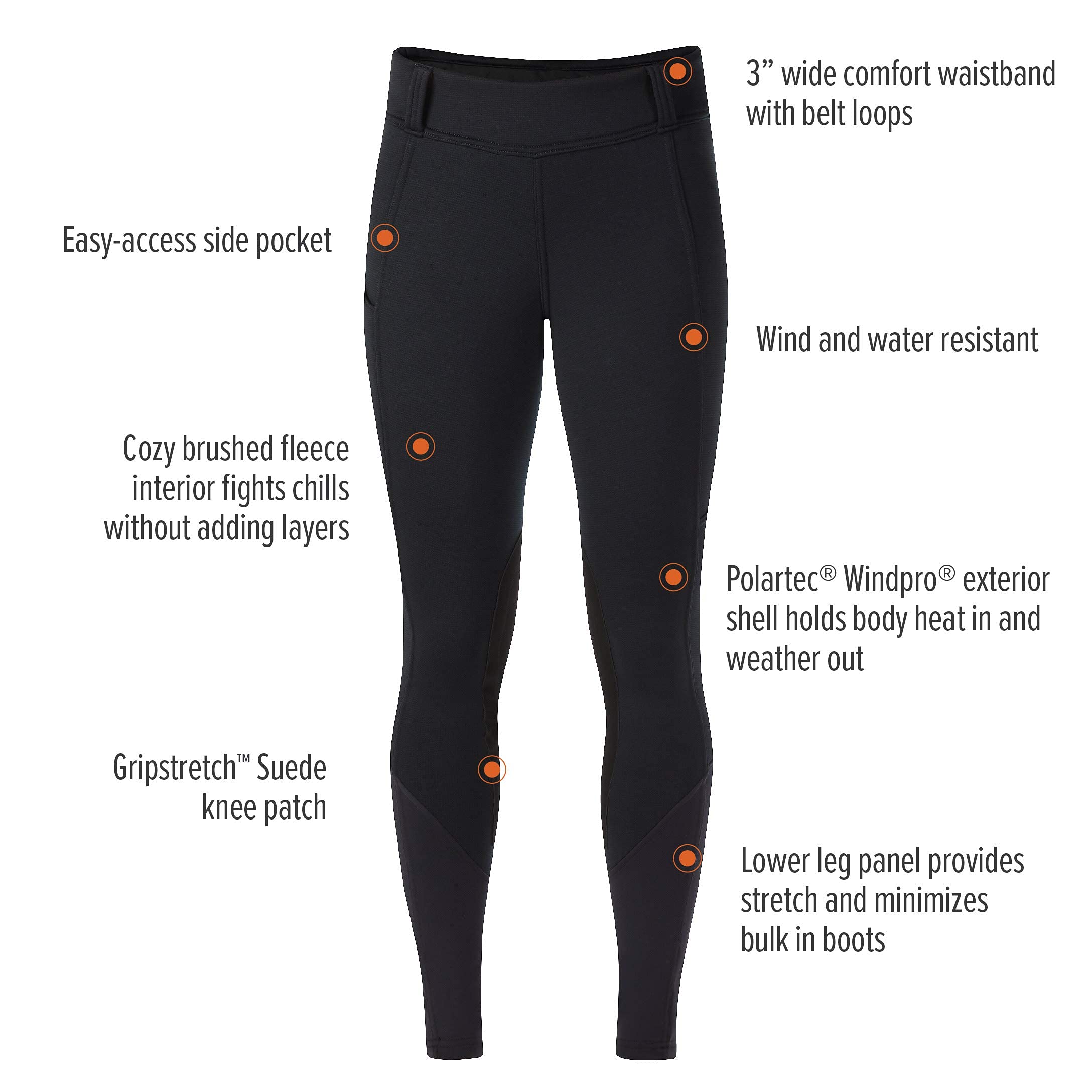 Kerrits Women's Sit Tight Wind Pro Knee Patch Winter Horse Riding Tights - Warm Polartec Equestrian Breeches with Phone Pocket for Cold Weather Riding & Outdoor Activities