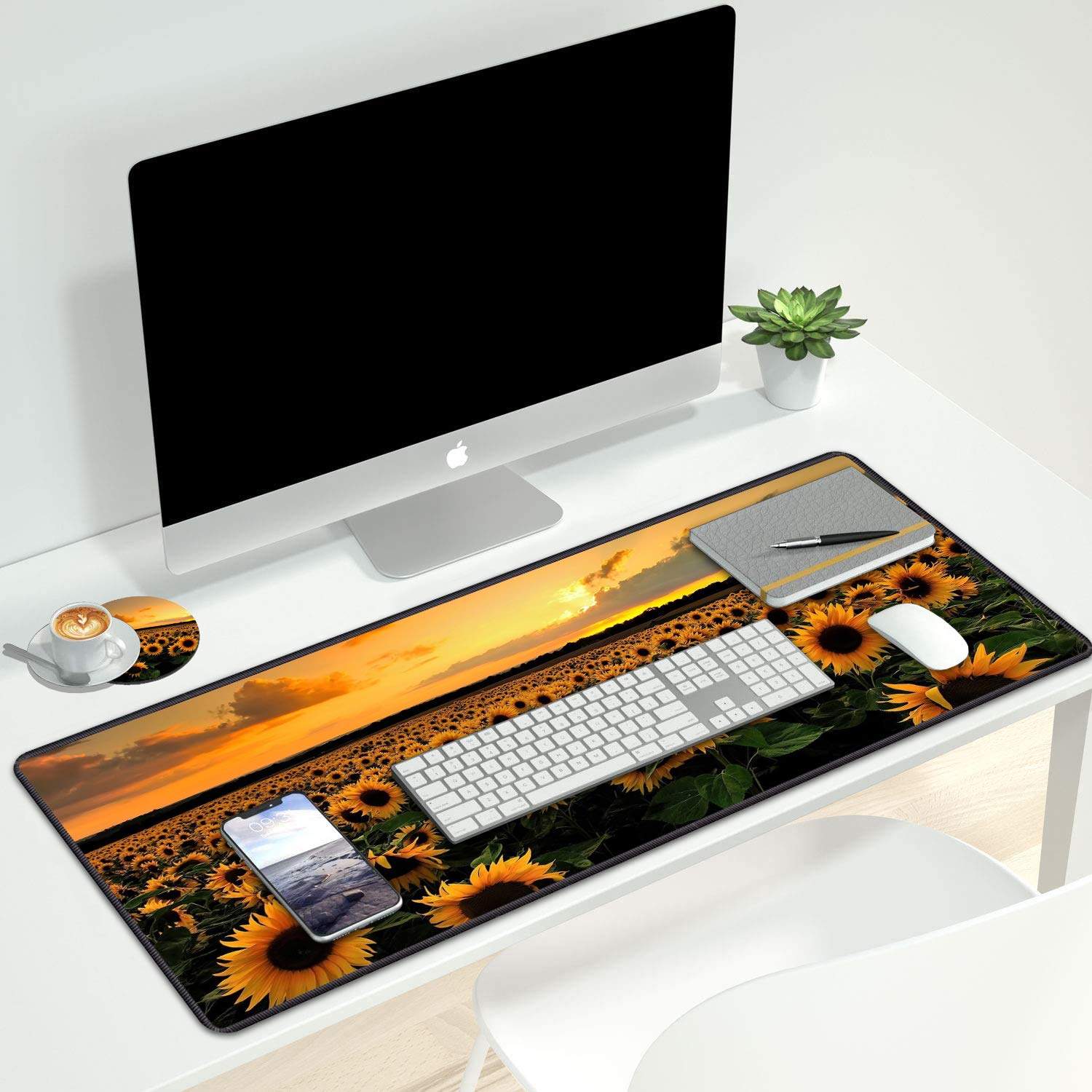 XXL Gaming Mouse Pad with Coasters Set - Non-Slip Stitched Edges Sunflower Field Design for Laptop, PC & Office Desk (31.5x11.8 Inch) - Perfect for Work, Gaming & Home Office Setup