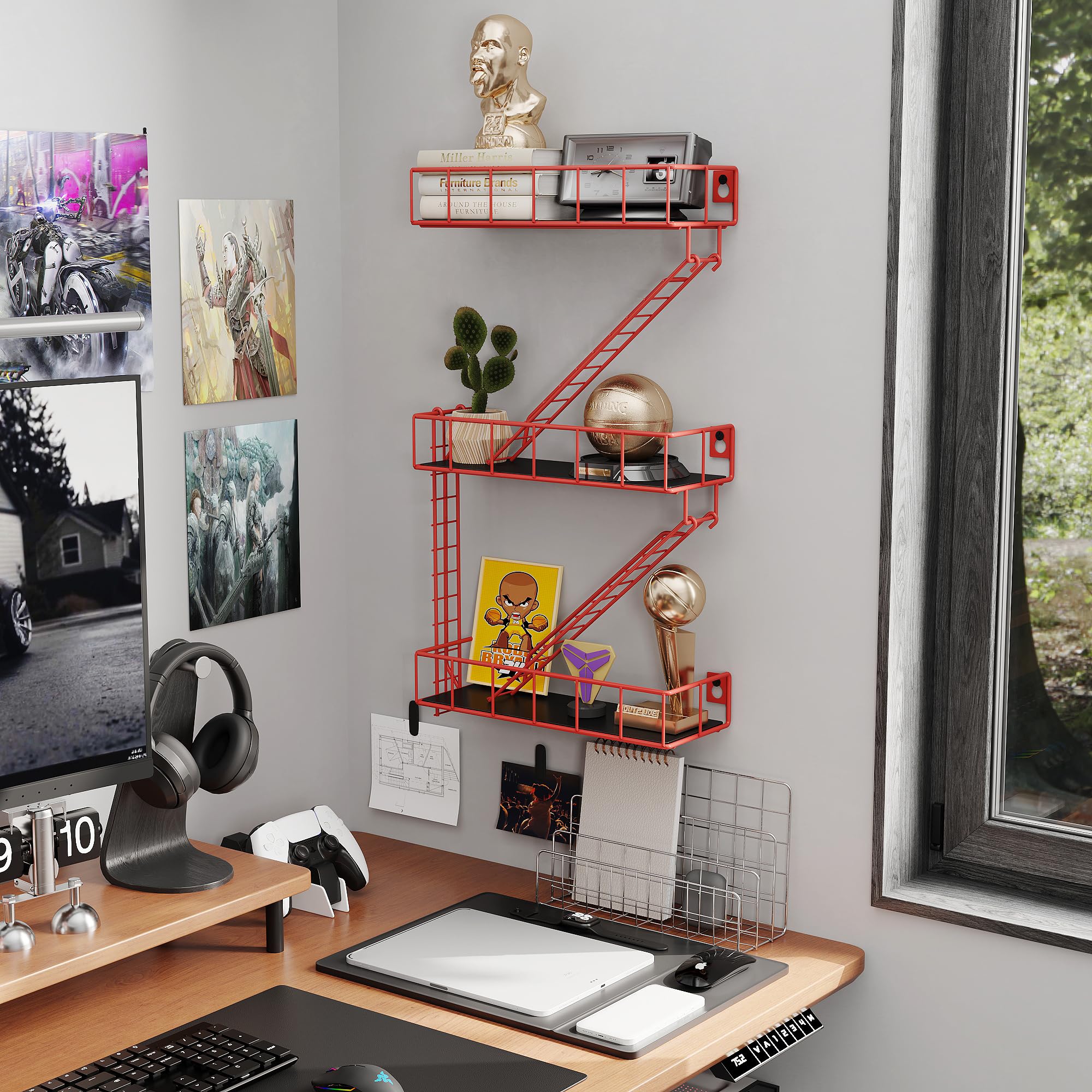 Red & Black Fire Escape Shelf - 3-Tier Wall Mounted Display Organizer for Action Figures & Decor | Unique New York Style Floating Shelves for Living Room, Bedroom, Office & Bathroom | Space-Saving Home Storage Solution