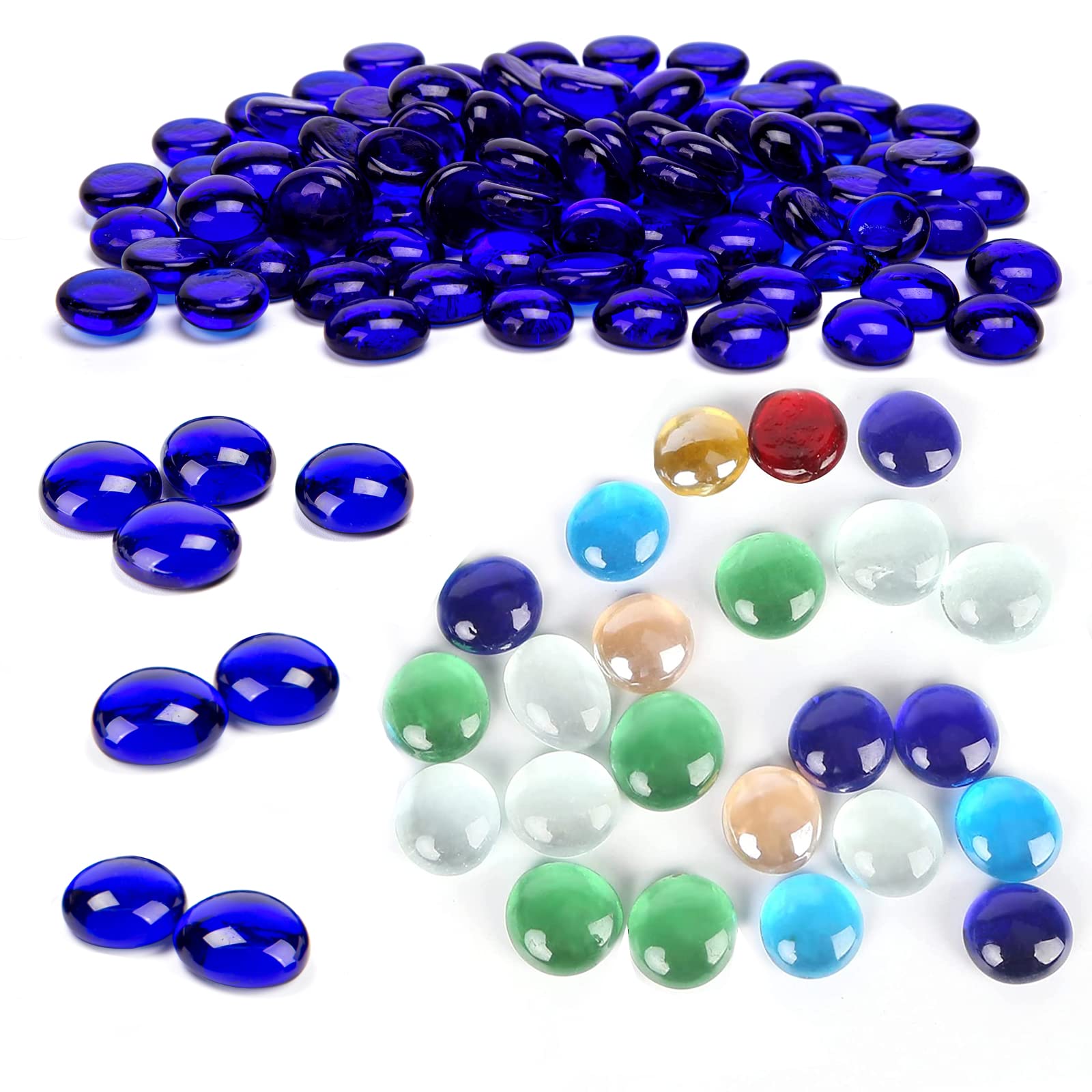 FUTUREPLUSX 200PCS Flat Glass Marbles - 100 Dark Blue & 100 Mixed Colors for DIY Crafts, Home Decor, Vase Fillers, and Table Centerpieces
