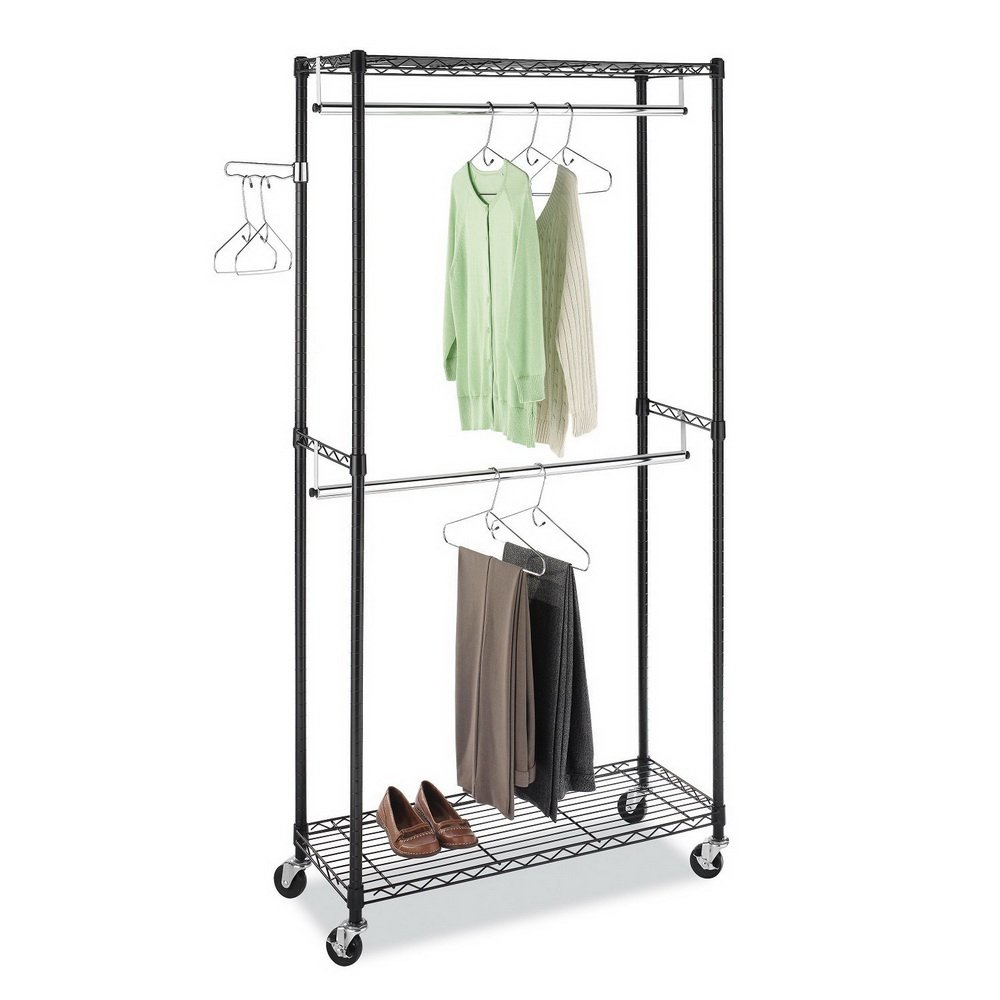 2 Heavy Duty Commercial Grade Rolling Garment Racks with Lockable Wheels, Swivel Hooks & Mesh Shelf - Black | Space-Saving Closet Organizer for Retail Stores, Boutiques & Home Wardrobes
