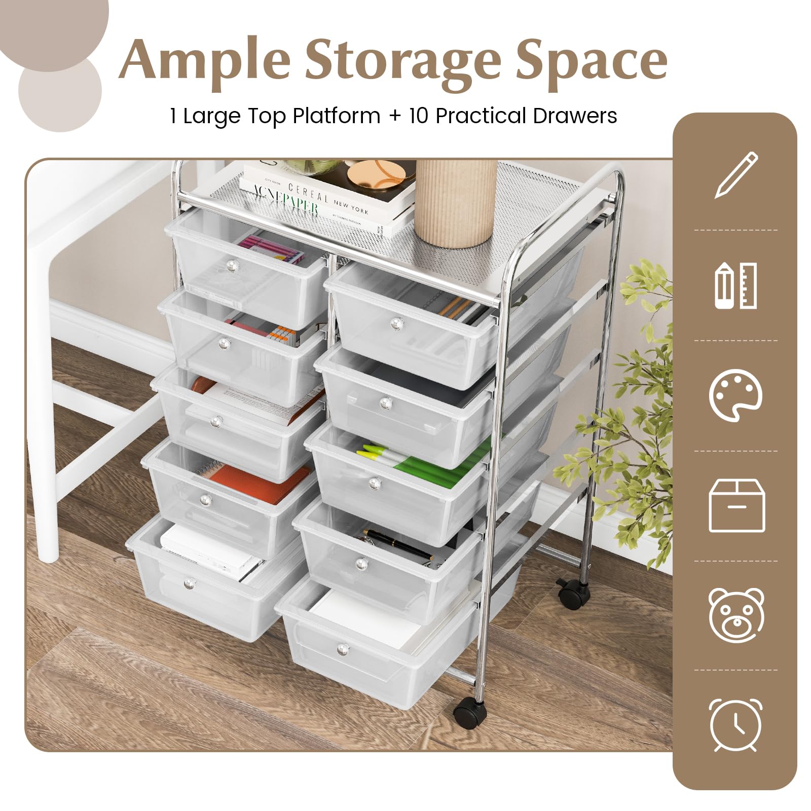 Byroce 10-Drawer Rolling Cart with Wheels - Multipurpose Craft Storage Organizer for Art Supplies, Tools, Paper - Utility Cart for School, Teacher, Home & Office Use (Clear) - Perfect for Classroom Organization, Craft Room Storage & Mobile Office Supplies