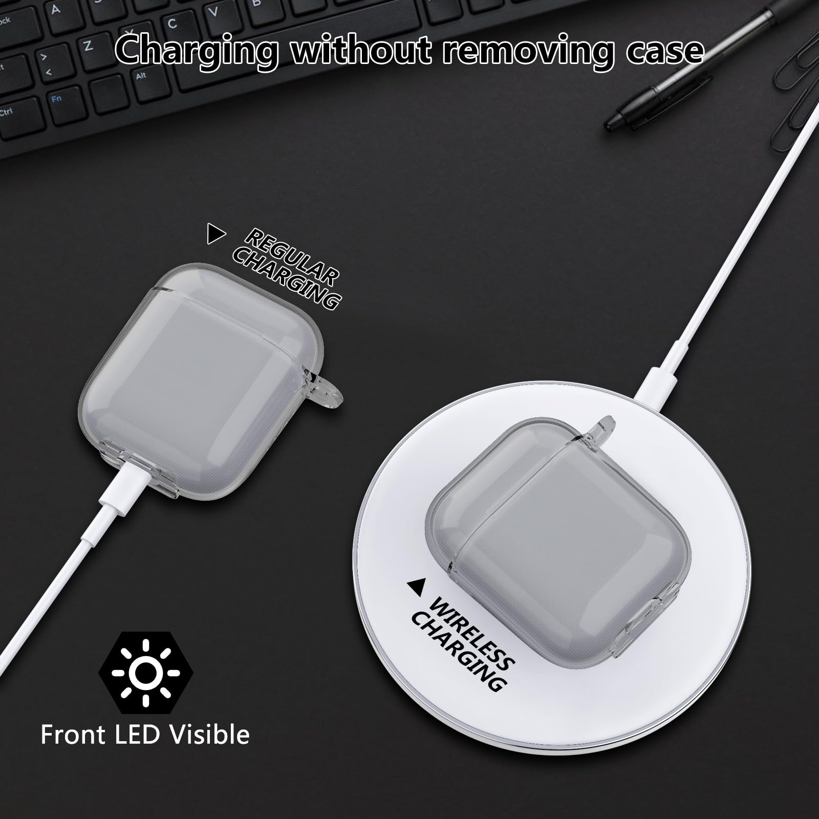 Clear Shockproof TPU Case for AirPods 1 & 2 - Protective Soft Cover with Keychain | Durable Drop Protection for AirPods Charging Case | Perfect for Women & Girls | Ideal for Travel, Gym & Everyday Use - Black
