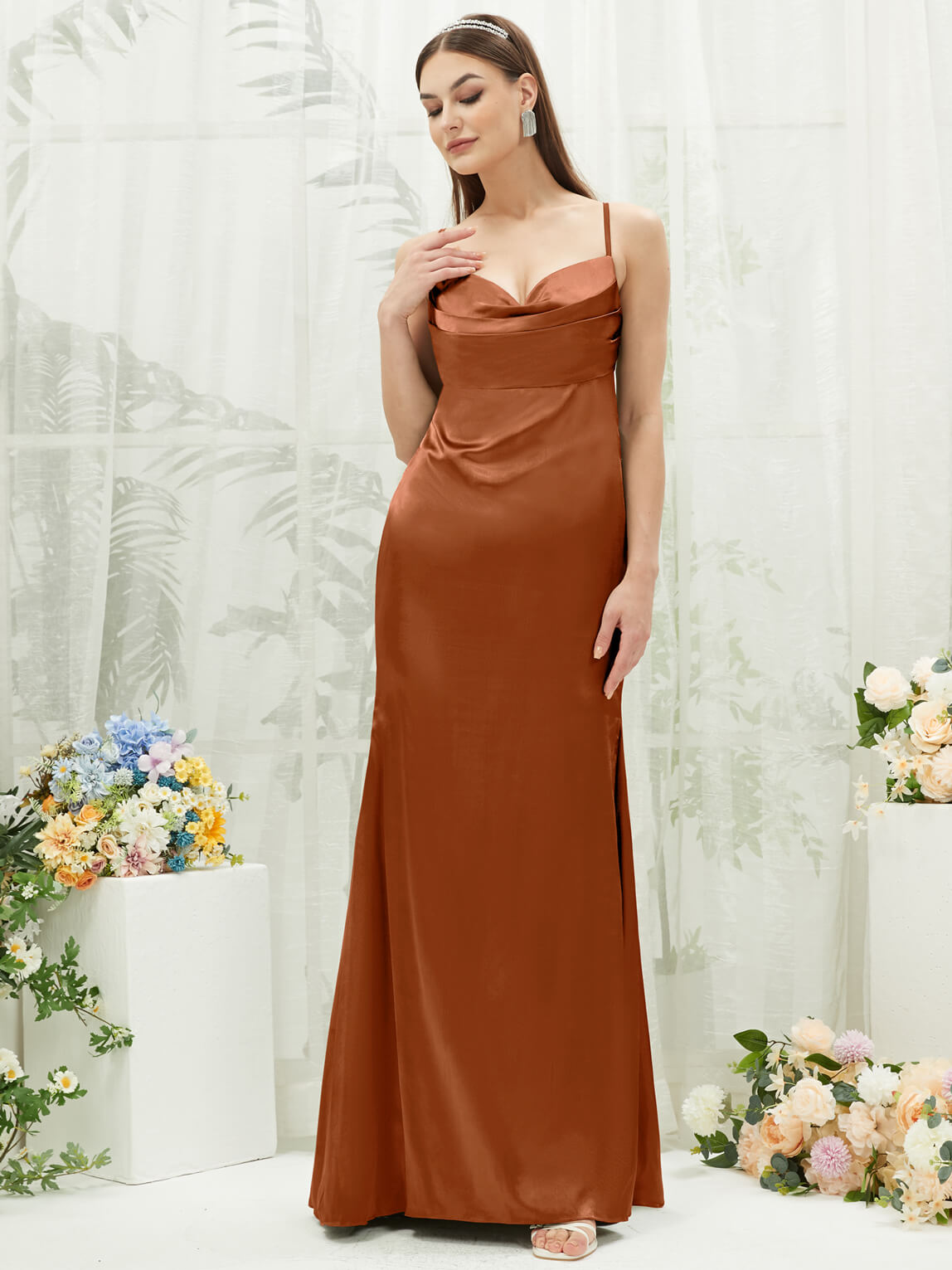 Elegant Cooper Satin Cowl Neck Adjustable Straps Backless Long Bridesmaid Dress - Perfect for Weddings, Formal Events & Evening Parties