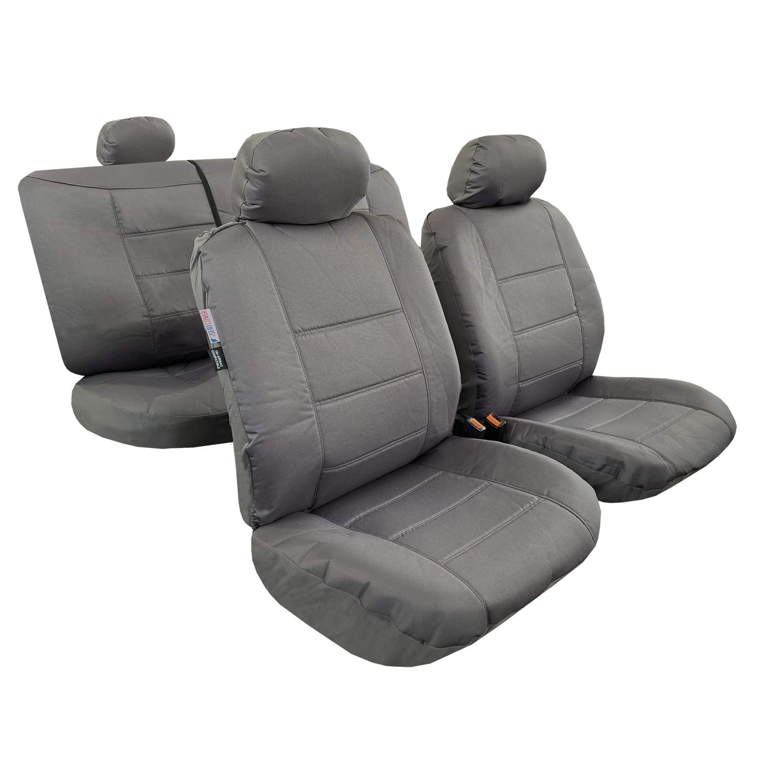 Premium Grey Canvas Car Seat Covers - Universal Fit for Cars, Trucks & SUVs | Waterproof Heavy Duty Protection | Racing Embroidery Design | Airbag Compatible Full Set (Front Bucket & Rear Bench Seats) | Perfect for Daily Commute, Road Trips & Off-Road Adventures