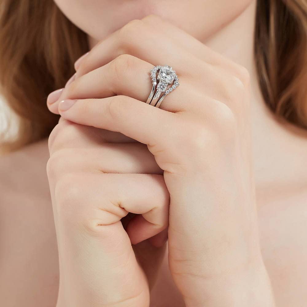 BERRICLE Sterling Silver 3-Stone Wedding & Engagement Ring Set - 2 Carat Cushion Cut Cubic Zirconia CZ Wishbone Design for Women, Rhodium Plated Size 4-10 - Perfect for Proposals, Anniversaries & Special Occasions