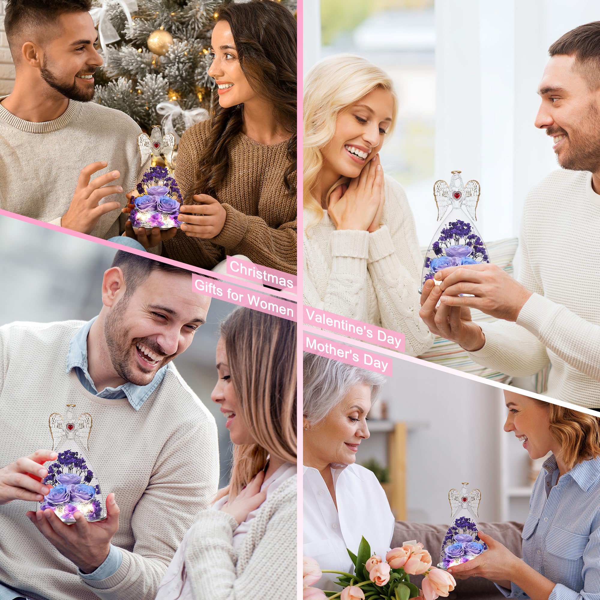 Mother's Day Rose Gifts for Women - Large Angel Figurines with Real Preserved Roses in Purple & Blue | Perfect for Home Decor, Wedding Centerpieces & Romantic Gifts