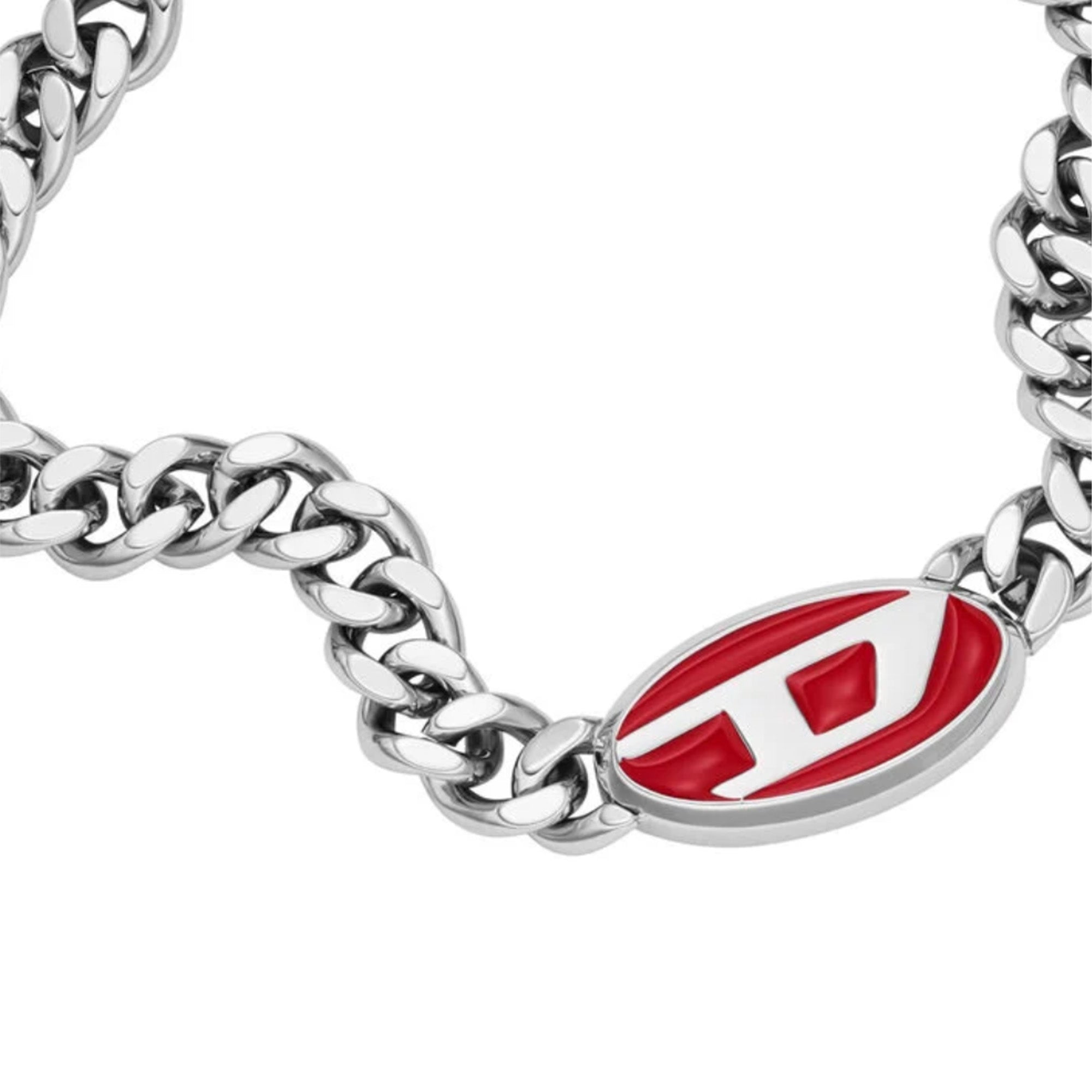 Diesel Red Enamel Chain Necklace for Men & Women - Silver Stainless Steel Punk Rock Jewelry - Perfect for Concerts, Parties & Everyday Wear
