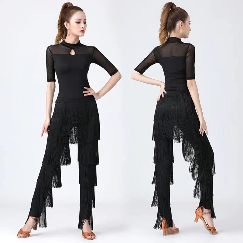 Women's Latin Dance Pants with Fringe Tassels - Black Ballroom Performance & Practice Costume for Salsa, Tango, Bachata & Social Dancing