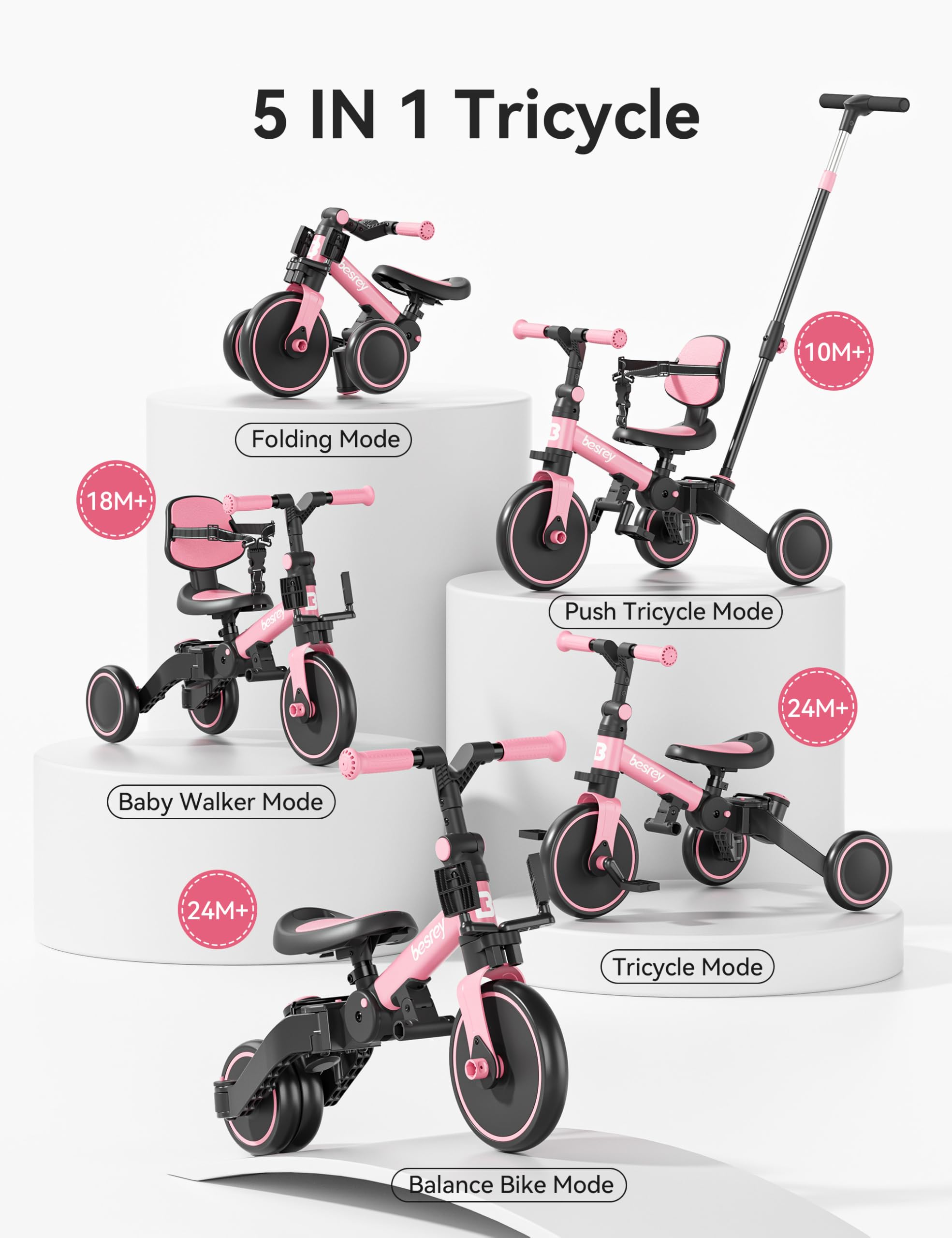 Besrey 5-in-1 Toddler Bike & Tricycle for 1-3 Year Olds - Adjustable Push Handle, Safety Belt & Backrest - Perfect Balance Bike & Birthday Gift for Boys & Girls - Ideal for Outdoor Play, Learning to Ride & Backyard Fun