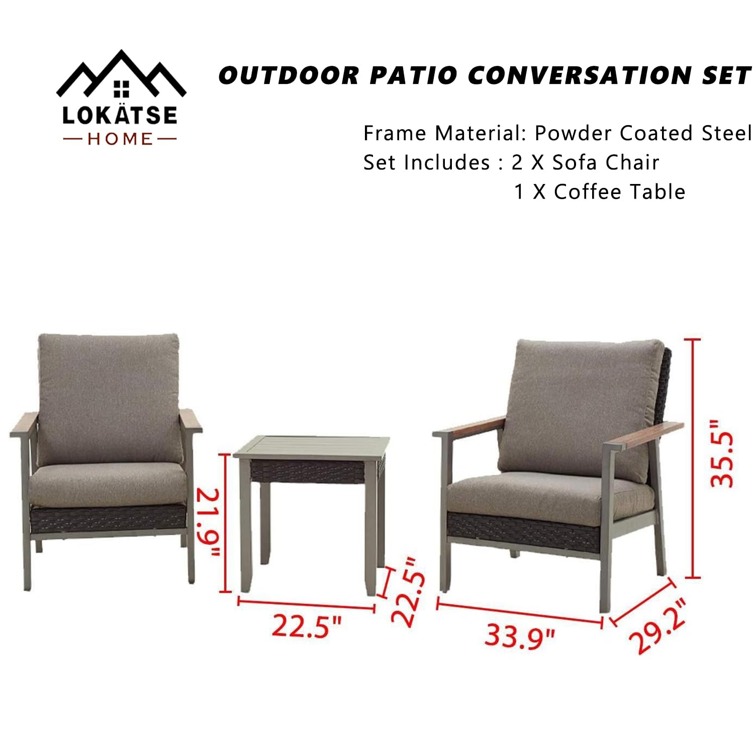 LOKATSE HOME 3-Piece Patio Furniture Set - Wicker Rattan Chairs with Coffee Table, Metal Frame & Cushions for Outdoor Dining - Dark Grey Bistro Set for Backyard, Porch, Balcony, Garden or Poolside Relaxation