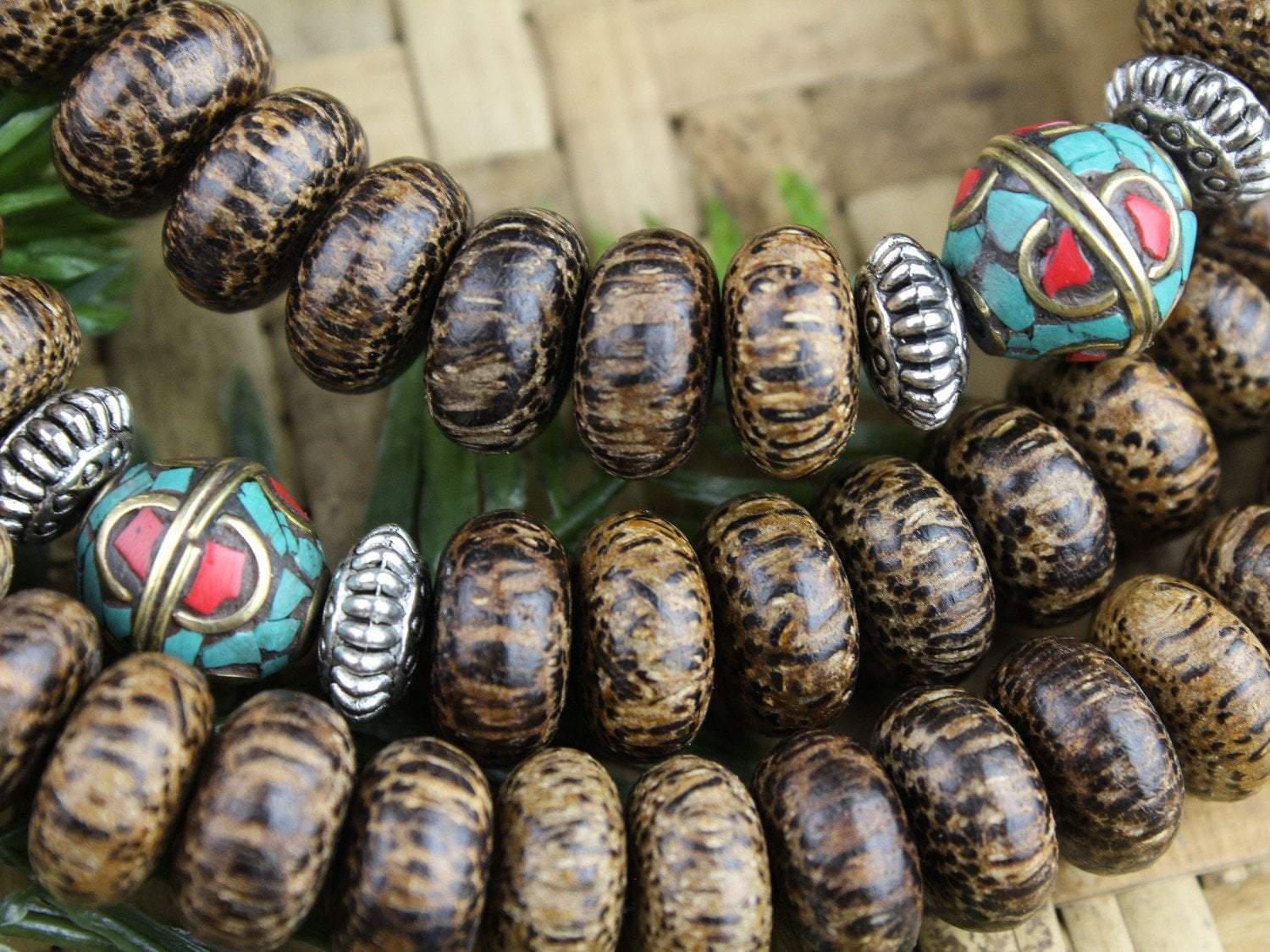 Handmade Grounding Palm Wood & Vintage Bead Mala Necklace - Meditation, Yoga & Spiritual Healing Accessory for Stress Relief & Mindfulness Practice