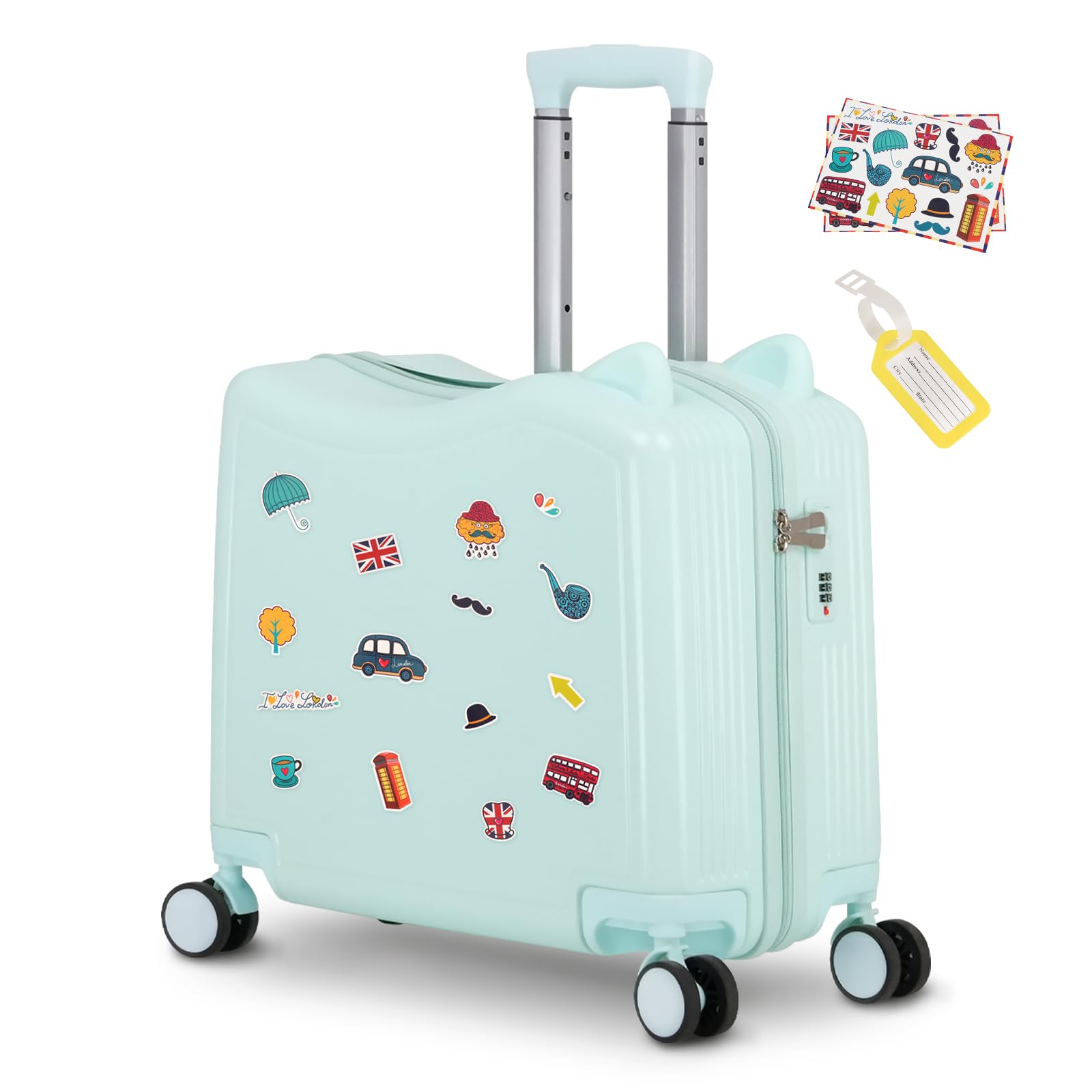 20 Inch Kids Ride-On Travel Suitcase with Spinner Wheels & Combination Lock - Cute Ear Toddler Carry-On Luggage for Boys & Girls (Green) | Perfect for Airplane Travel, Family Vacations & School Trips