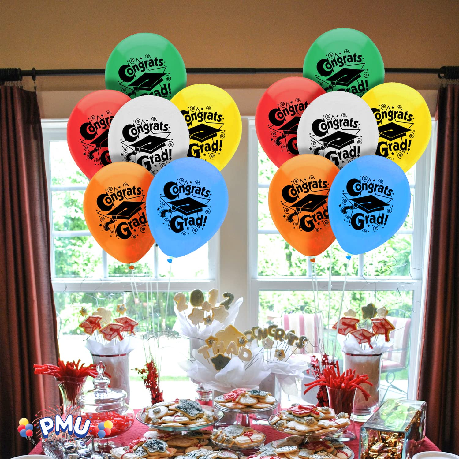 Premium PMU Graduation Balloons - 12-Pack All-Over Print Black Grad Cap Latex Balloons for Graduation Party Decorations | Perfect for College, High School & University Graduation Celebrations, Commencement Decor & Grad Party Supplies
