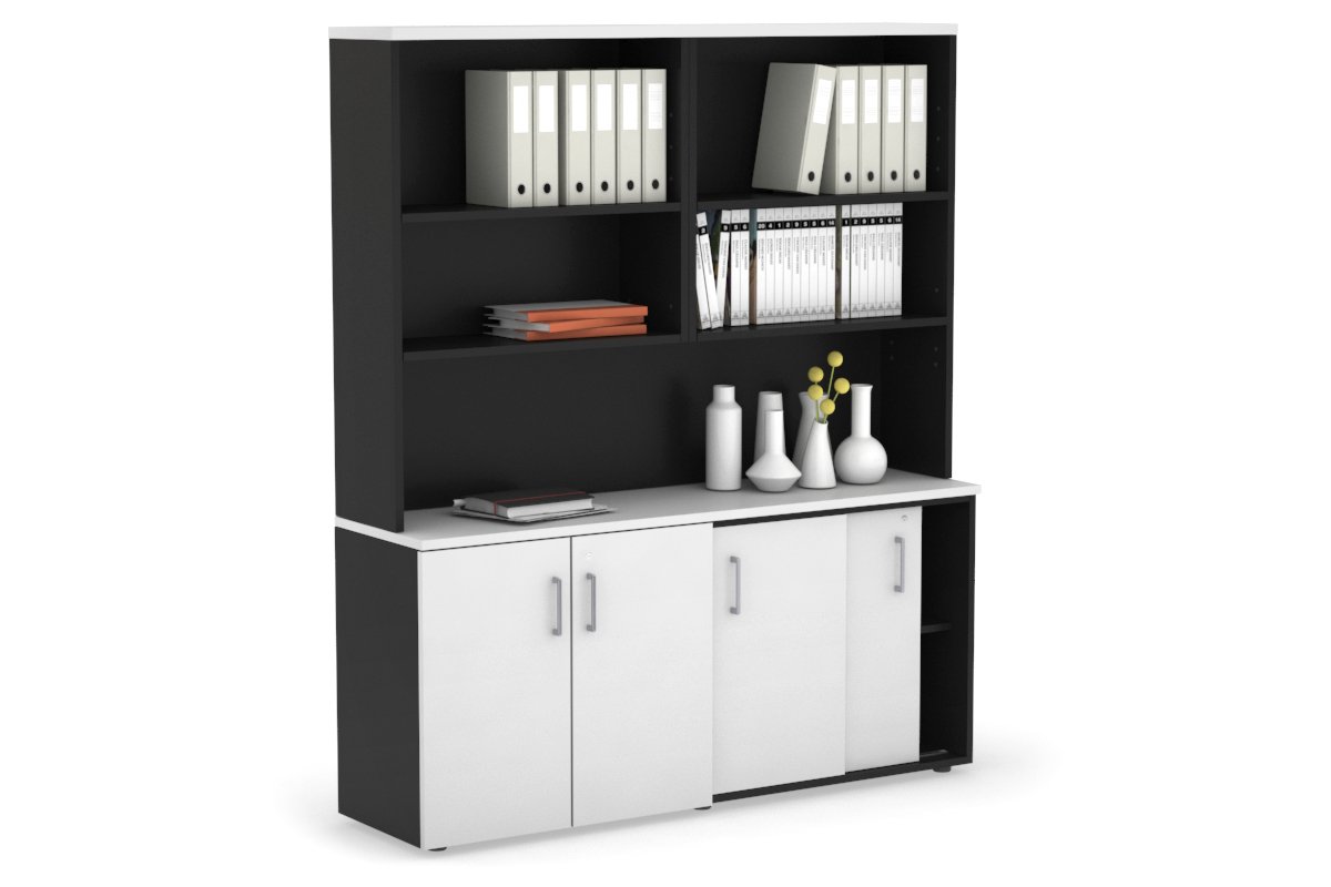 Modern 2-Door Sliding Credenza & Small Cupboard Unit with Open Hutch - Stylish Storage Solution for Home Office, Living Room, or Bedroom Organization