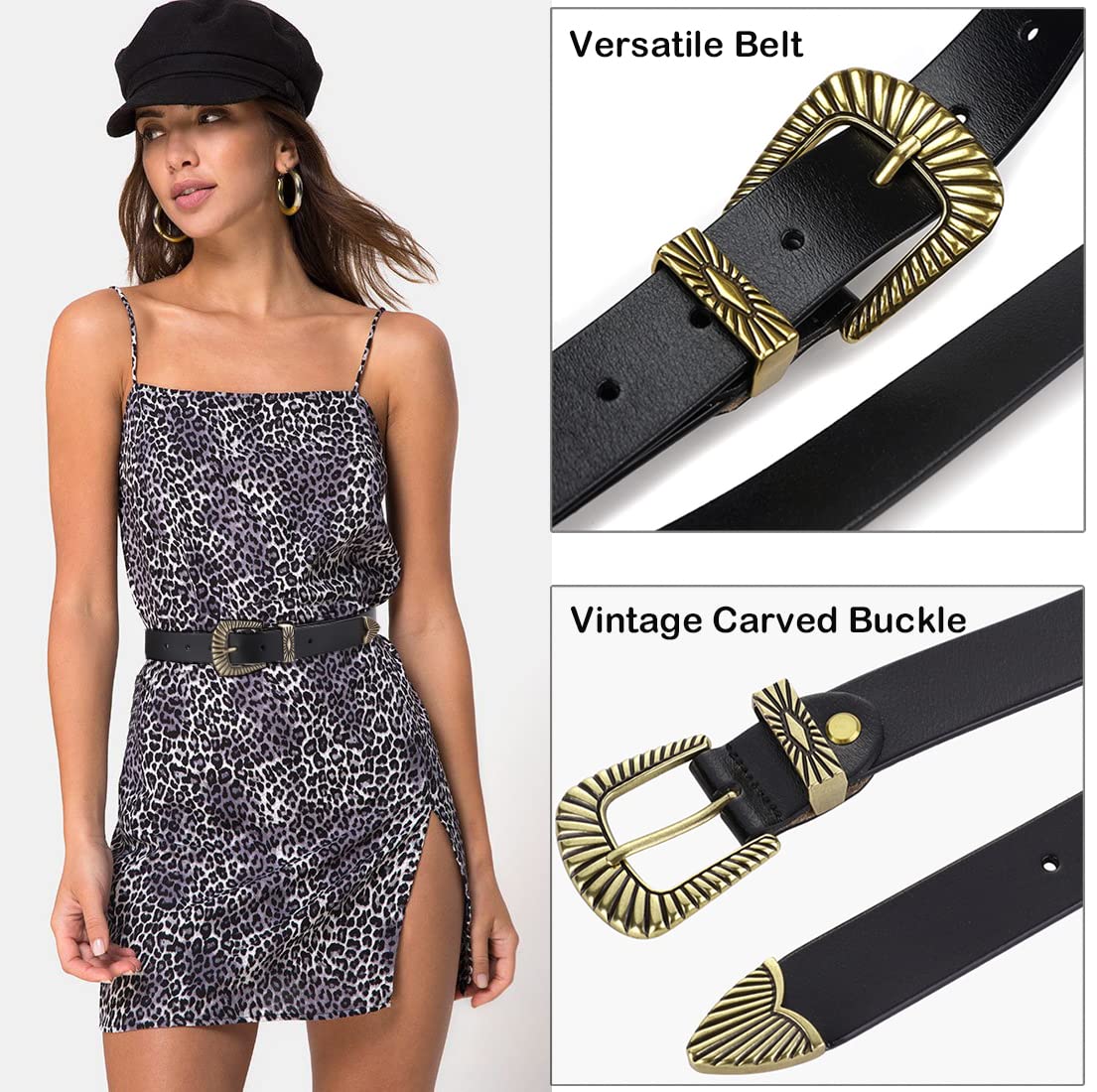 ALAIX Women's Leather Belts with Silver & Gold Buckle - Stylish Black Western Belts for Jeans & Pants | Perfect for Casual Outfits, Office Wear & Western Fashion