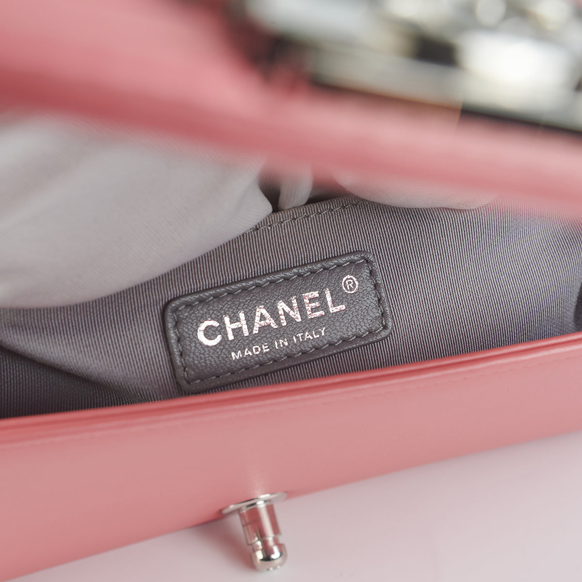 Chanel Chevron Quilted Boy Bag Old Medium Size Lambskin Leather Pink Crossbody Purse - Perfect for Date Night & Evening Events