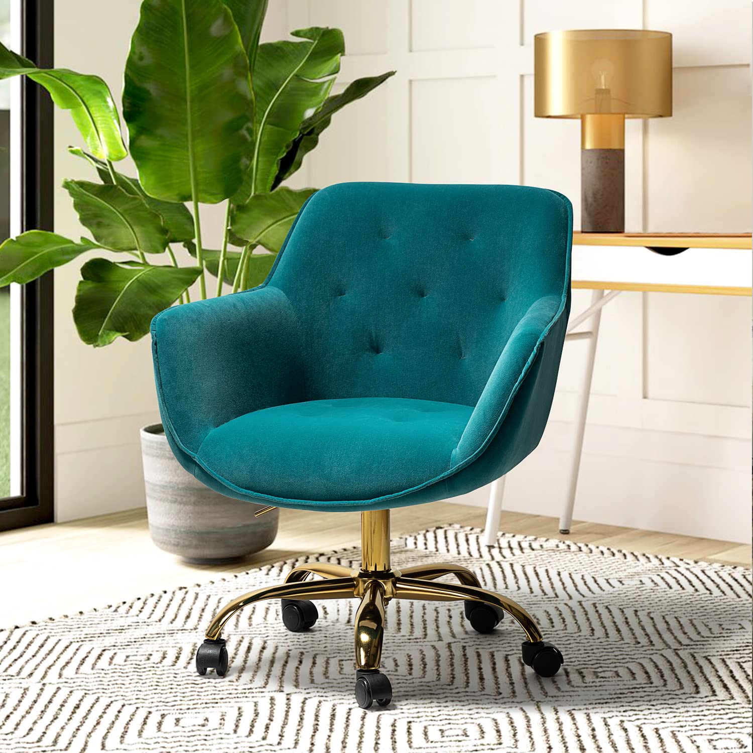HULALA HOME Velvet Office Chair with Gold Base - Modern Mid-Back Desk Chair, Adjustable Swivel Task Chair for Living Room, Bedroom, Study & Vanity - Soft Blue Velvet Upholstery - Perfect for Home Office, Gaming & Workspace Comfort