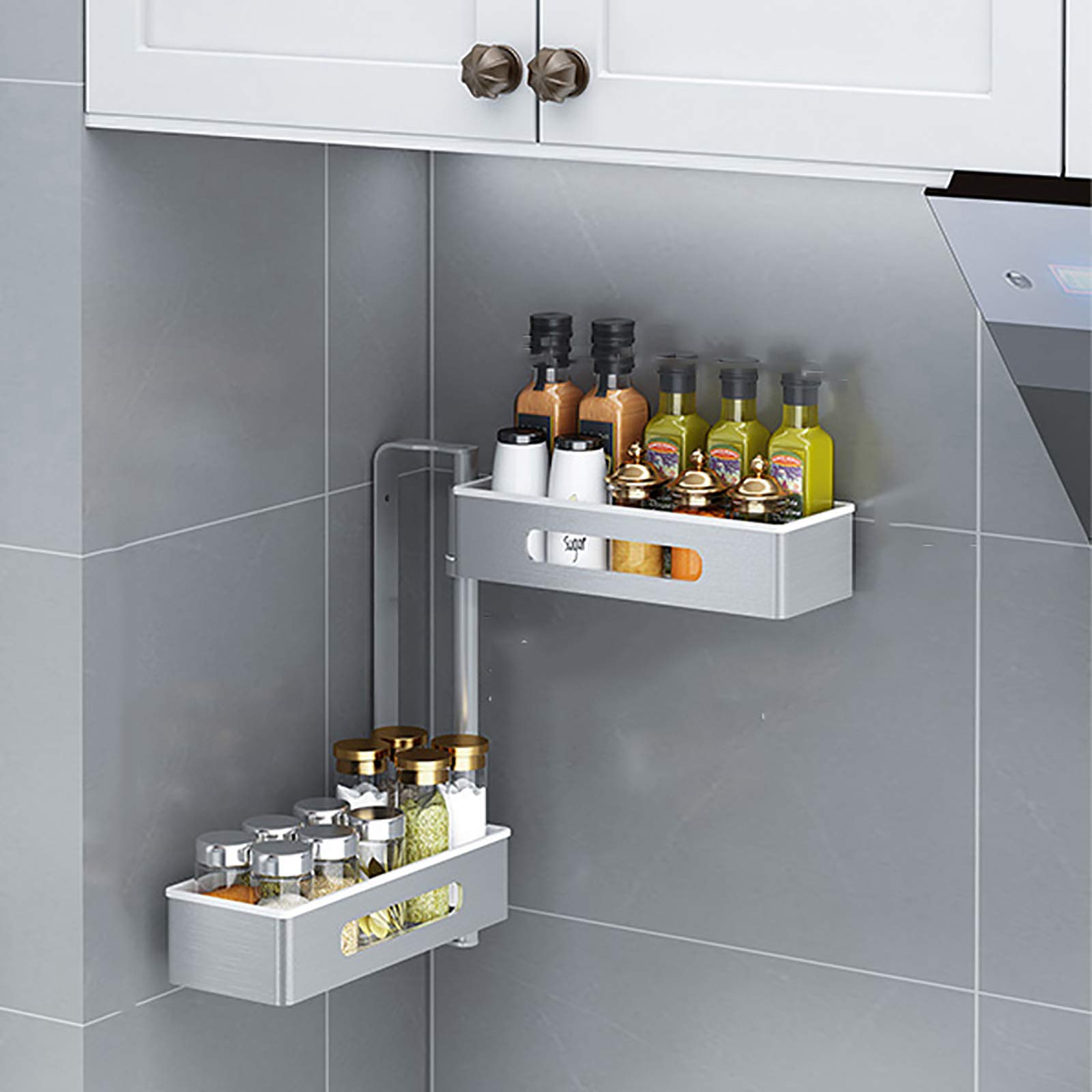 MEVIDA Wall Mount Rotating Spice Rack Organizer - 2 Tier Adjustable Kitchen Shelf for Seasoning Storage | Space Saving Pantry Cabinet Organizer | Perfect for Small Kitchens & Apartment Living