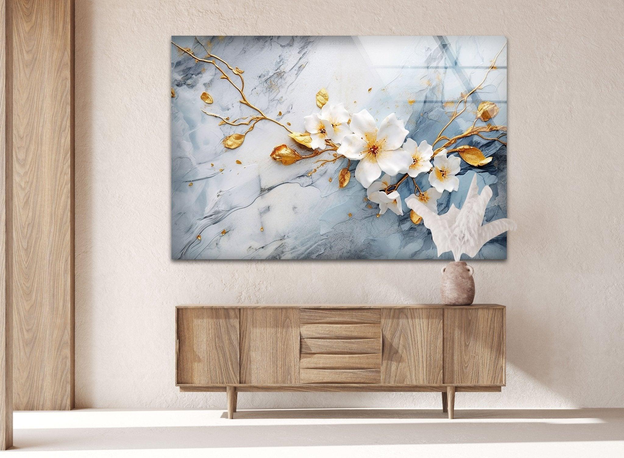 Alcohol Ink White Flower Glass Wall Art - Handmade Modern Home Decor for Living Room, Bedroom & Office - Unique Gift Idea