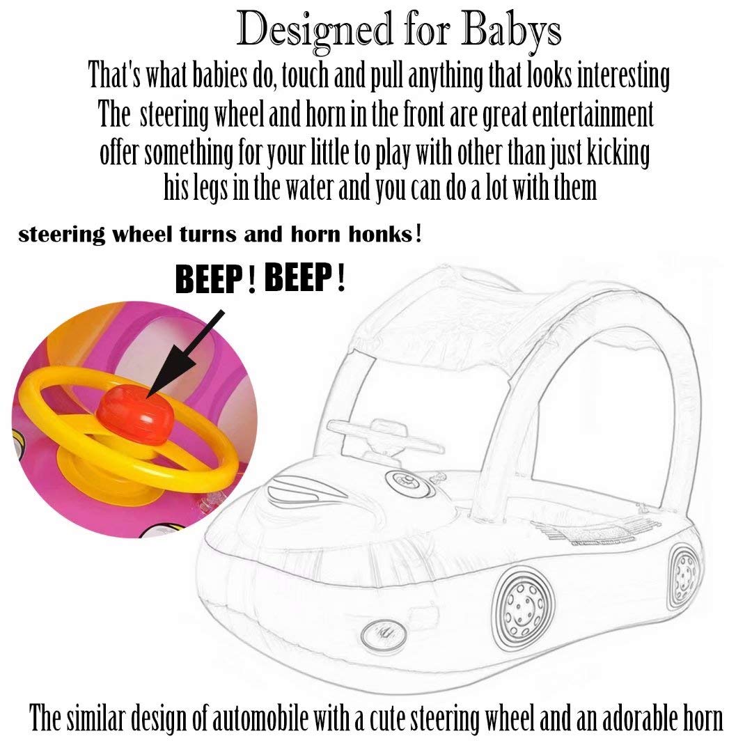 Inflatable Baby Pool Float with Canopy & Steering Wheel - Sunshade Swim Ring Car Toy for Toddlers 1-3 Years | Summer Water Play, Beach Vacation, Backyard Swimming Fun