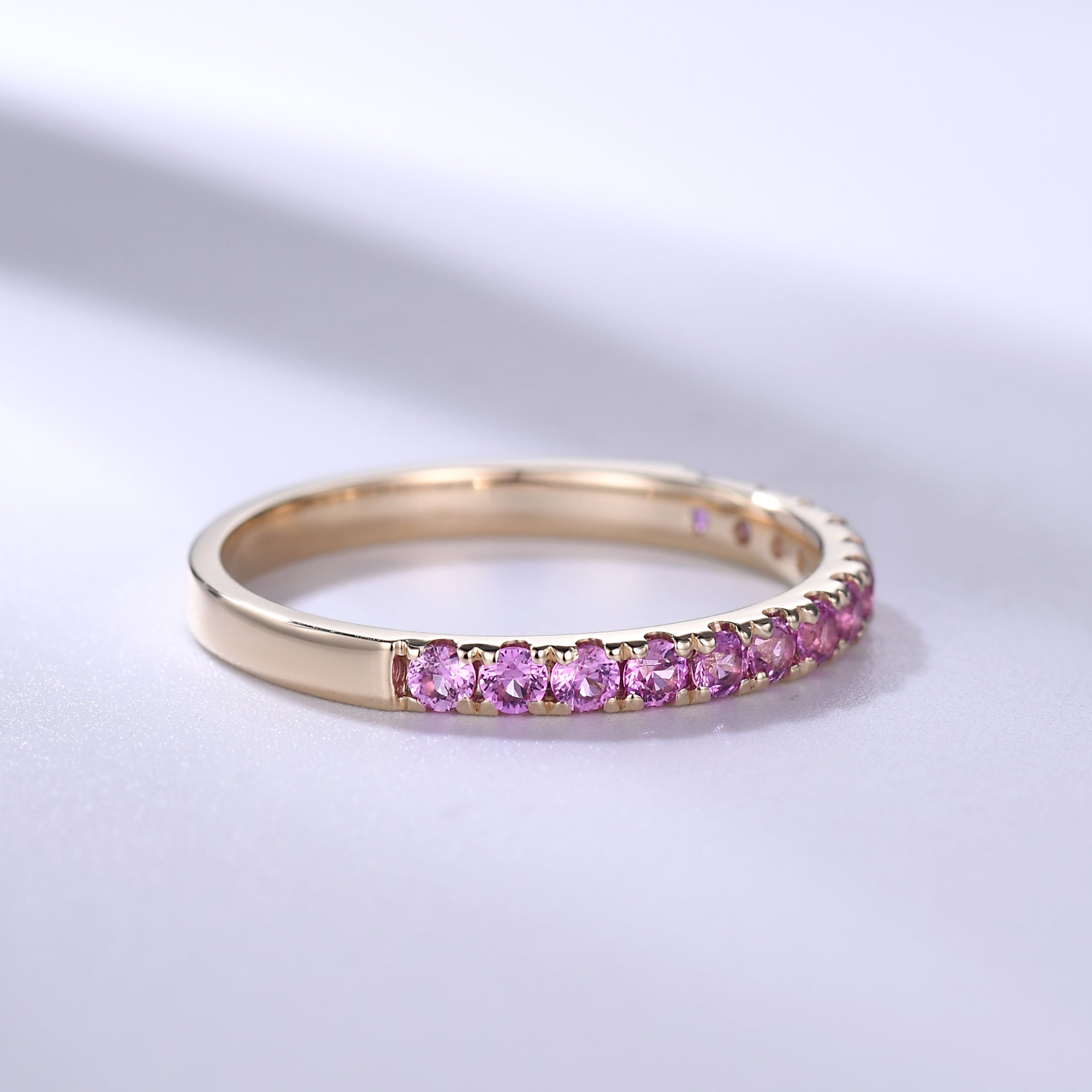 Pink Sapphire Wedding Band Ring - 14K Rose Gold Half Eternity Ring with 2mm Pave Diamonds | Elegant Bridal Jewelry for Engagement, Anniversary & Special Occasions