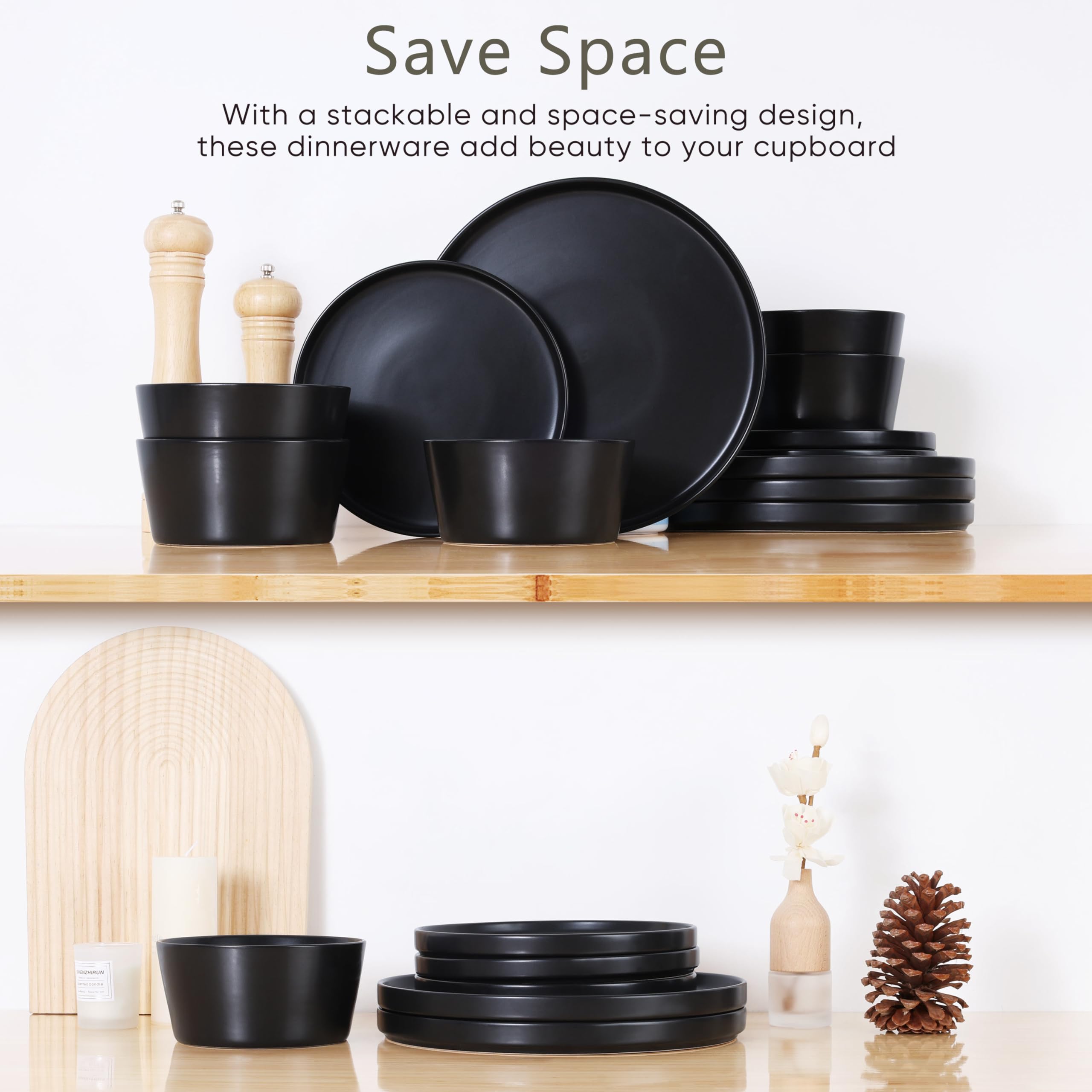 Herogo 18-Piece Stoneware Dinnerware Set for 6, Includes Dinner Plates & Bowls, Reactive Glaze Kitchen Dishes - Chip Resistant, Microwave & Dishwasher Safe, Matte Black - Perfect for Family Dinners, Restaurants, and Entertaining Guests