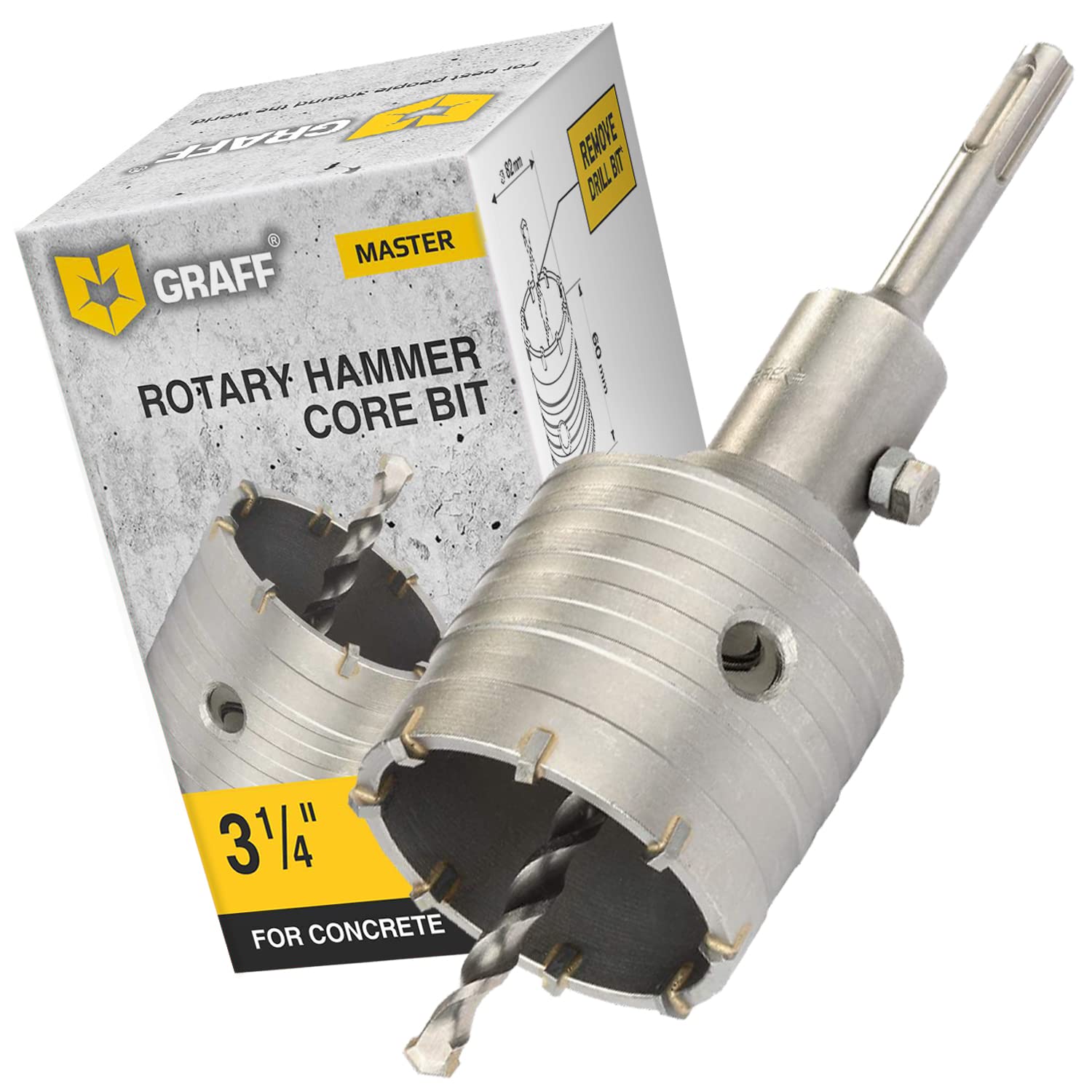 3 1/4 Inch SDS Plus Core Drill Bit for Concrete & Masonry - Heavy Duty Rotary Hammer Hole Saw for Cement, Brick, Silicate - Includes 10x110mm Center Drill & 82mm GRAFF Cutter - Perfect for Construction, Plumbing & Electrical Installations