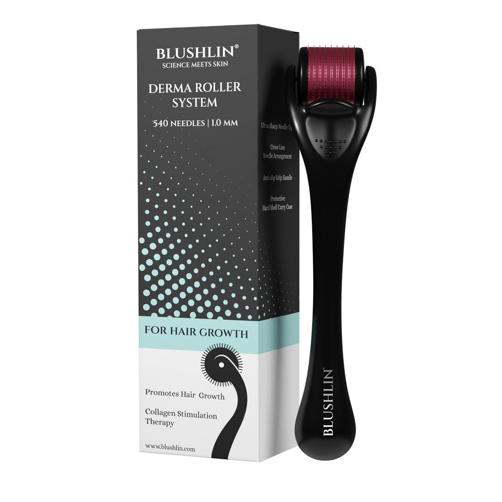 Blushlin Derma Roller 1.0mm for Hair Growth - 540 Titanium Micro Needles | Reduce Hair Loss & Stimulate Follicles | Safe & Effective Hair Regrowth Treatment | Perfect for At-Home Scalp Care & Thinning Hair Solutions