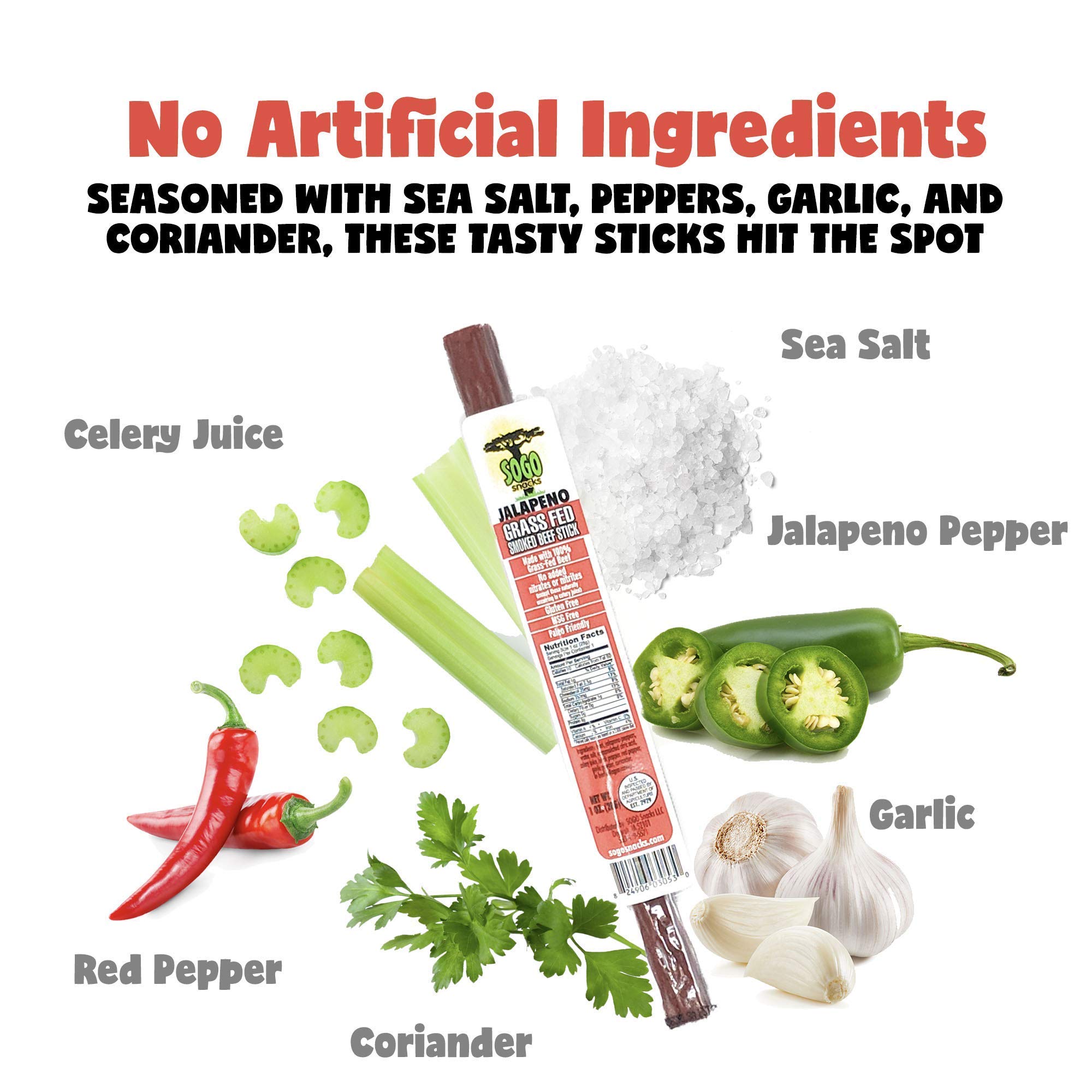 Sogo Snacks Jalapeño Beef Sticks - No Sugar, 100% Grass-Fed, Non-GMO, Keto & Paleo Friendly - 72 Count (36 Jalapeño & 36 IASM Jalapeño, 1-oz) - Perfect for Snacking, Hiking, Travel & Low-Carb Diets
